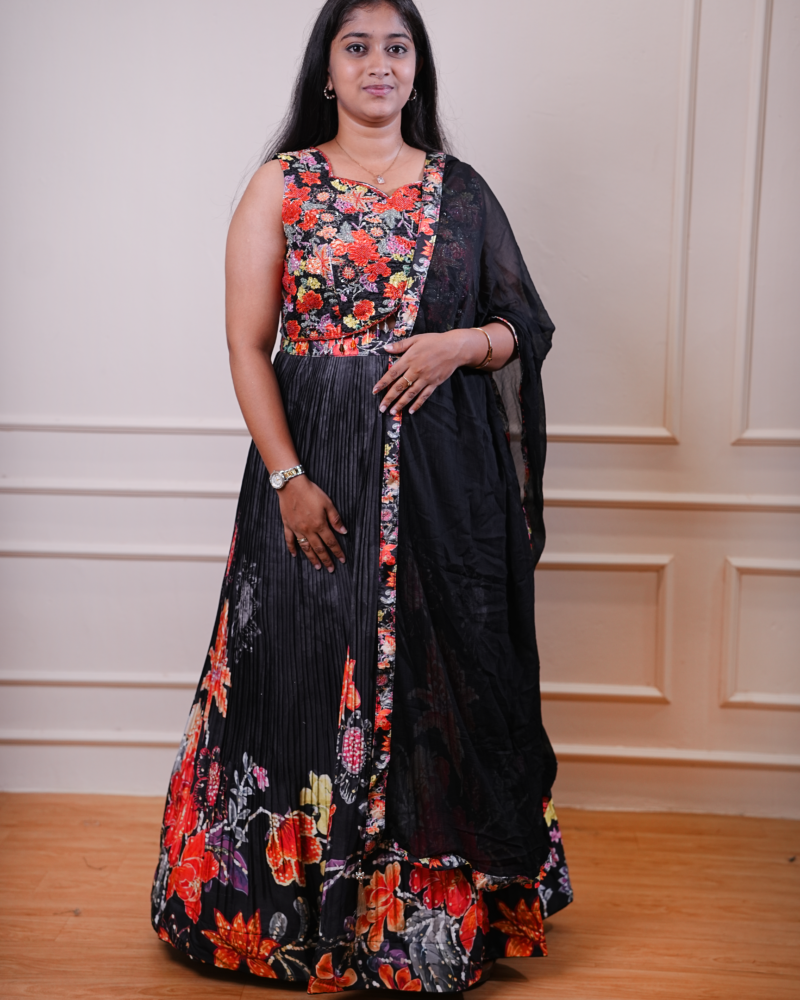 Midnight Floral Embroidered Lehenga Set with Dupatta