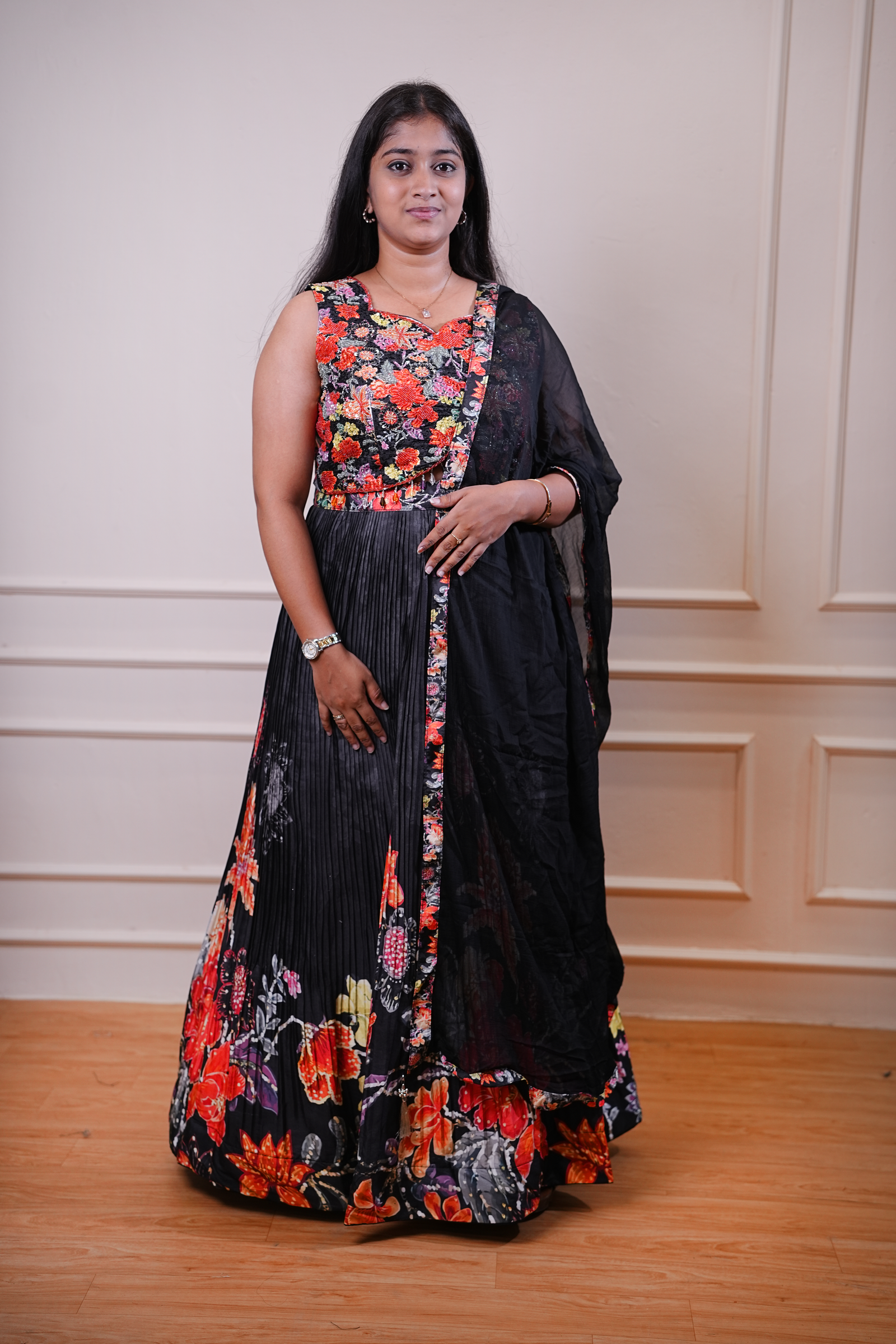 Midnight Floral Embroidered Lehenga Set with Dupatta