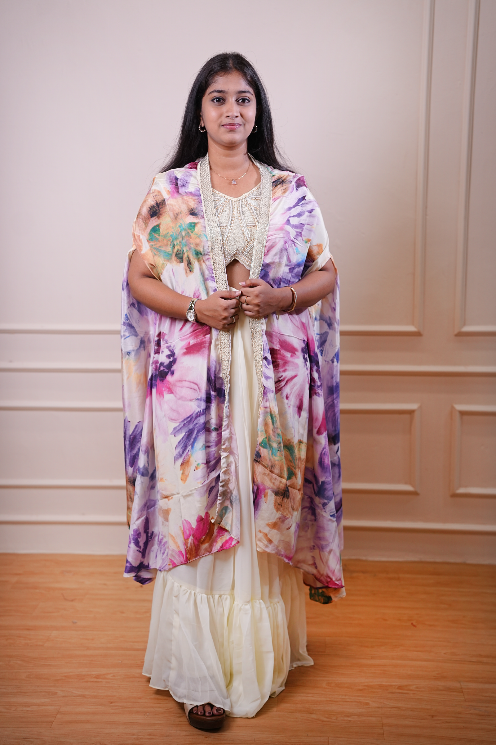 Ivory Embellished Crop Top with Floral Printed Cape & Flared Skirt Set