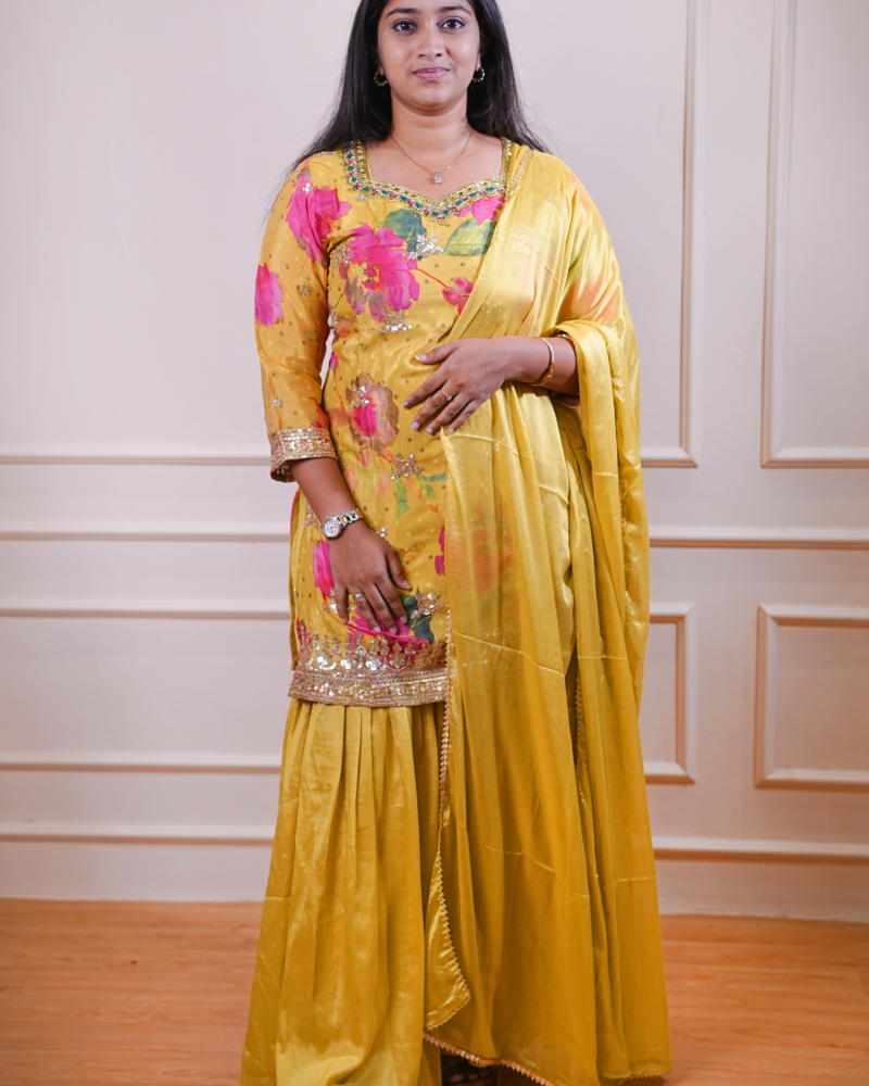 Mustard Floral Embroidered Kurta Set with Dupatta