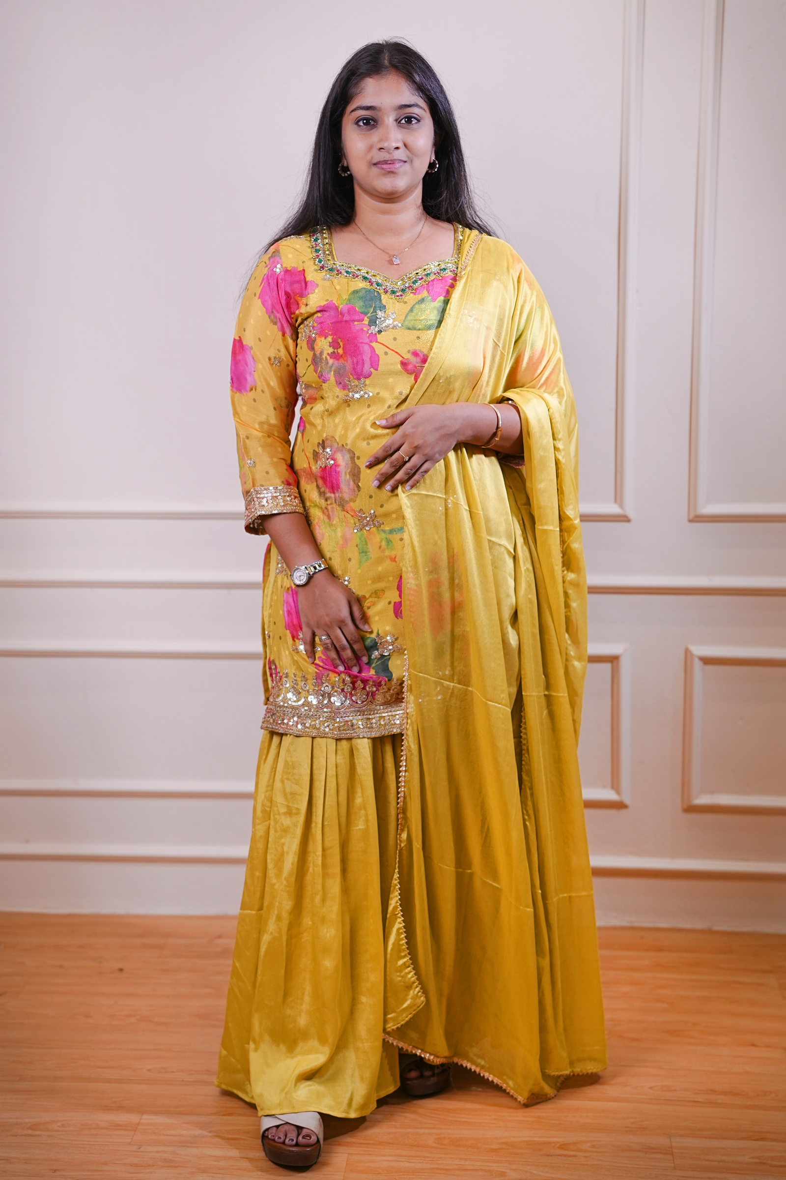 Mustard Floral Embroidered Kurta Set with Dupatta