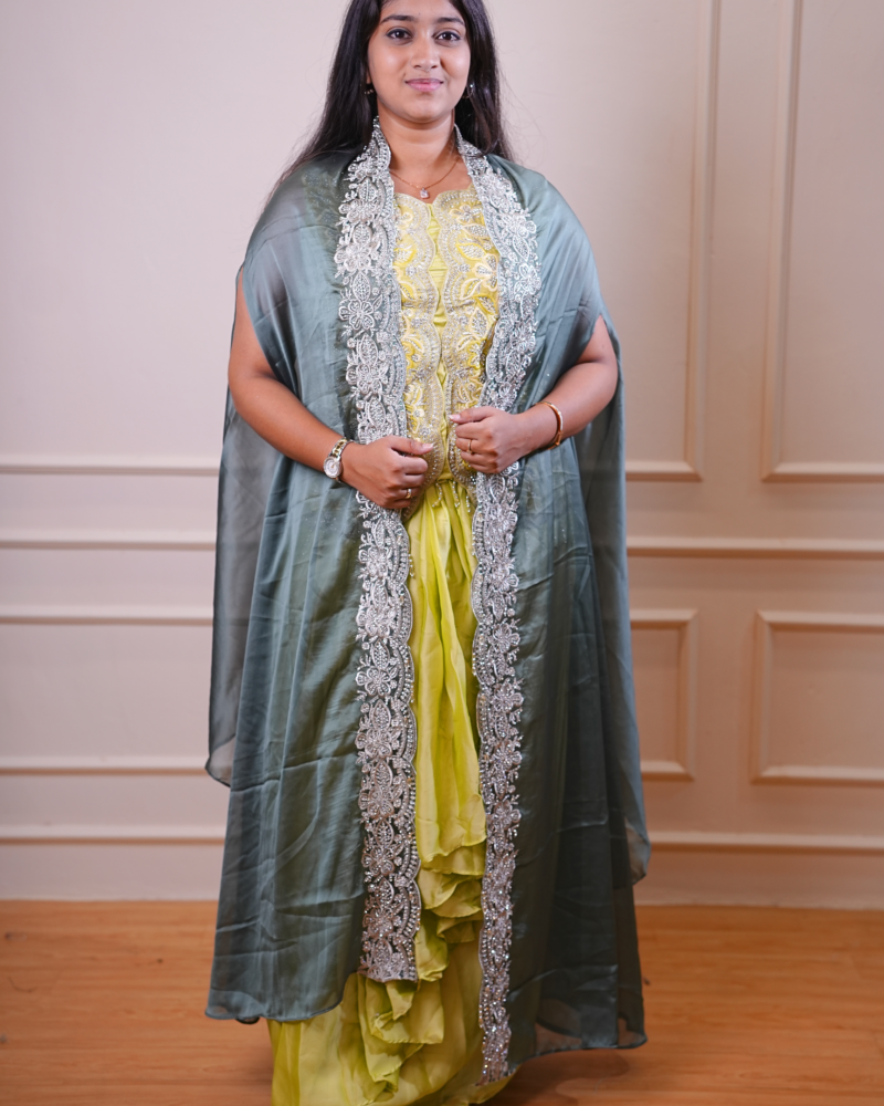 Lime Green Embroidered Kurta Set with Grey Cape Overlay