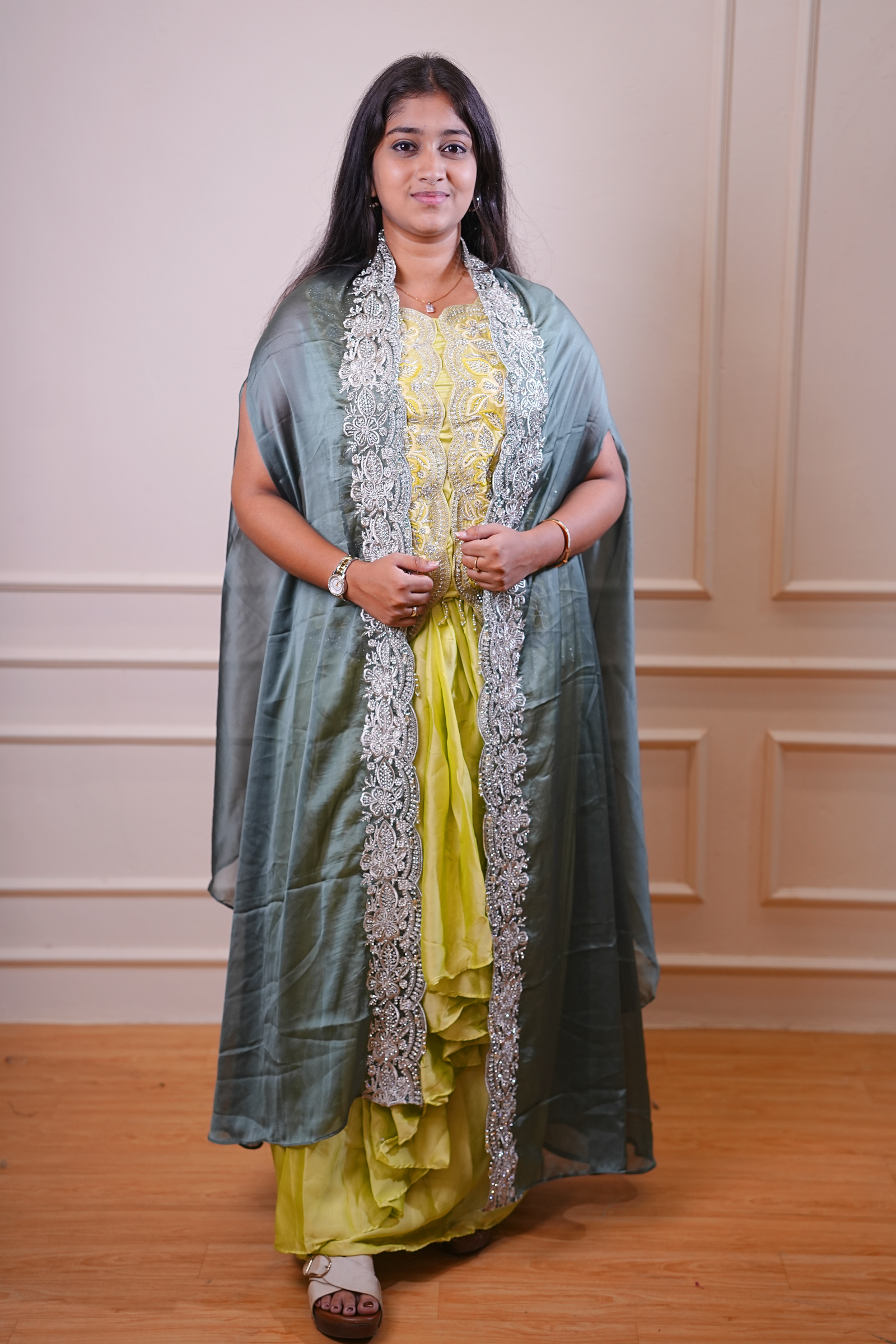 Lime Green Embroidered Kurta Set with Grey Cape Overlay