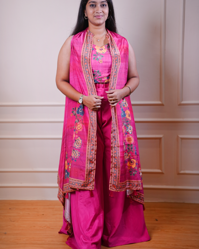Pink Printed Kurta Set with Matching Jacket Overlay