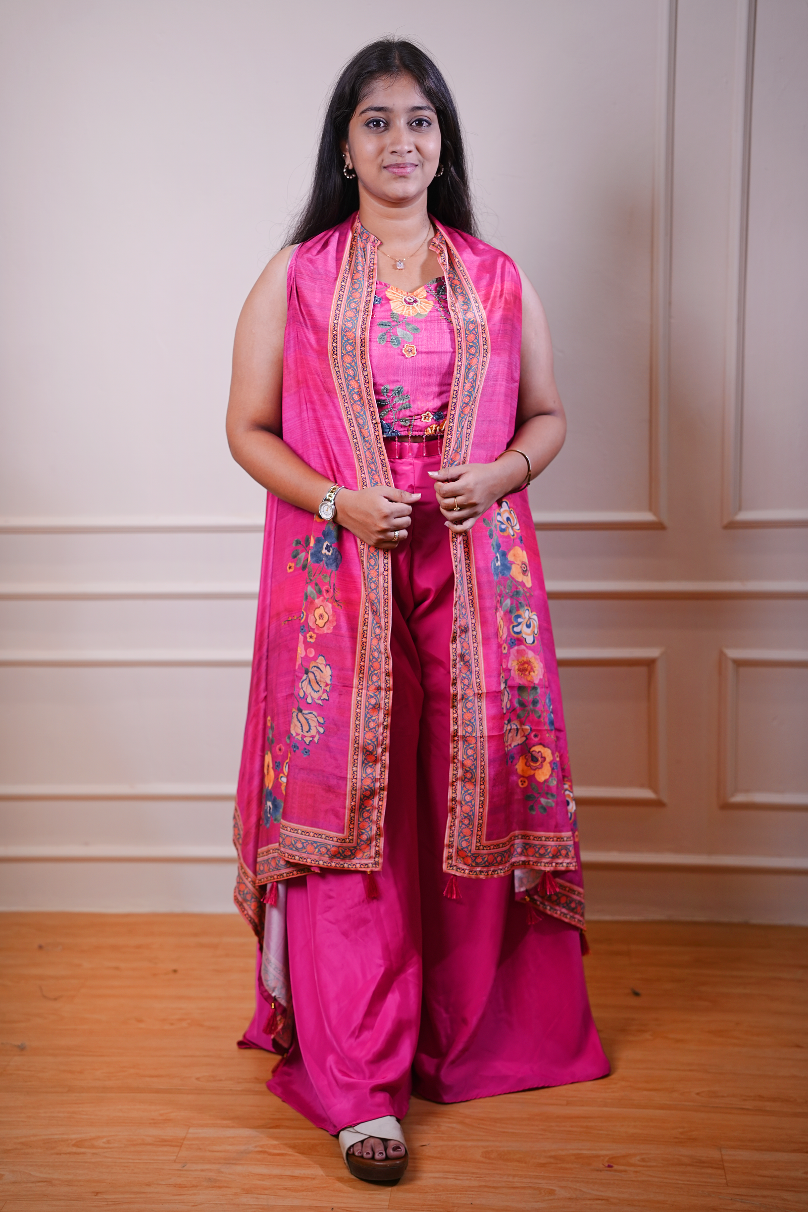 Pink Printed Kurta Set with Matching Jacket Overlay
