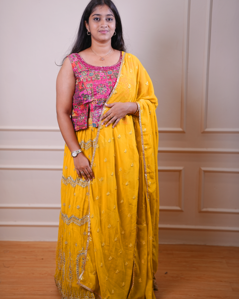 Mustard Yellow Embellished Lehenga Set with Dupatta