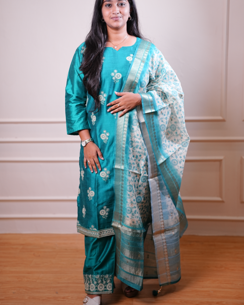 Teal Green Embroidered Kurta Set with Printed Dupatta