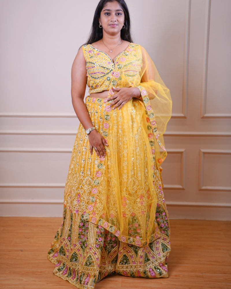 Yellow Embroidered Lehenga Set with Sheer Dupatta