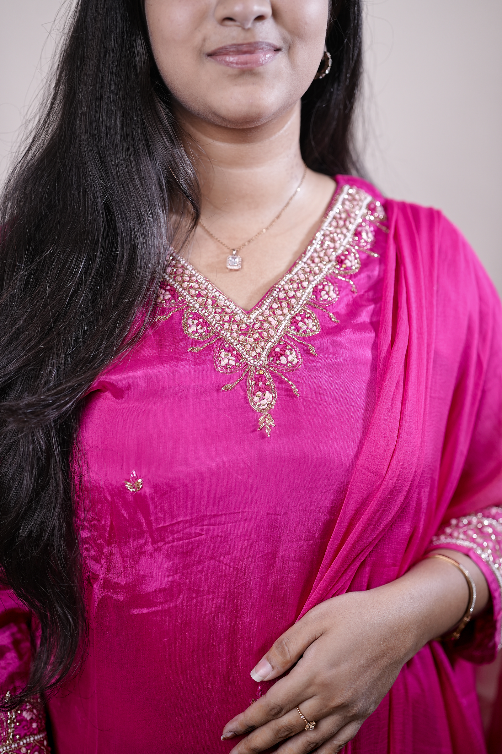 Rani Pink Embellished Kurta Set with Matching Dupatta - Image 2