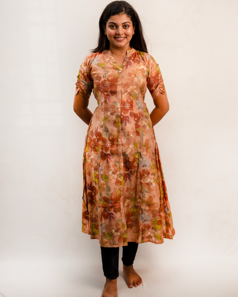 Peach Floral Print Button-Down A-Line Kurti Dress