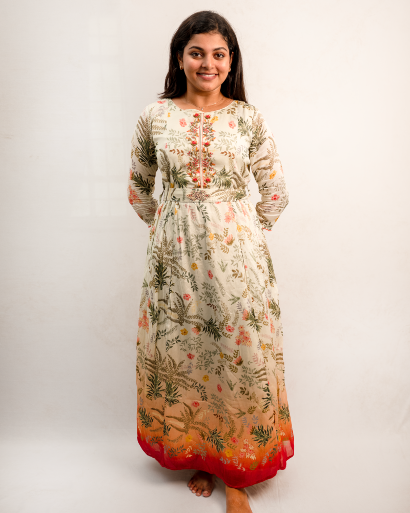Ivory Botanical Print Embroidered Maxi Dress with Waist Belt