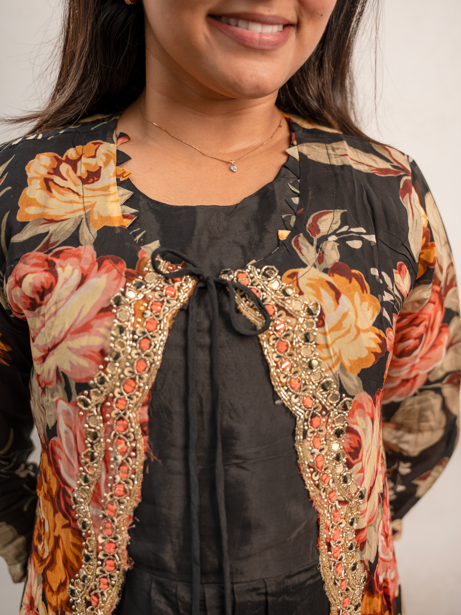 Black Floral Printed Layered Anarkali Dress with Embellished Panel - Image 2