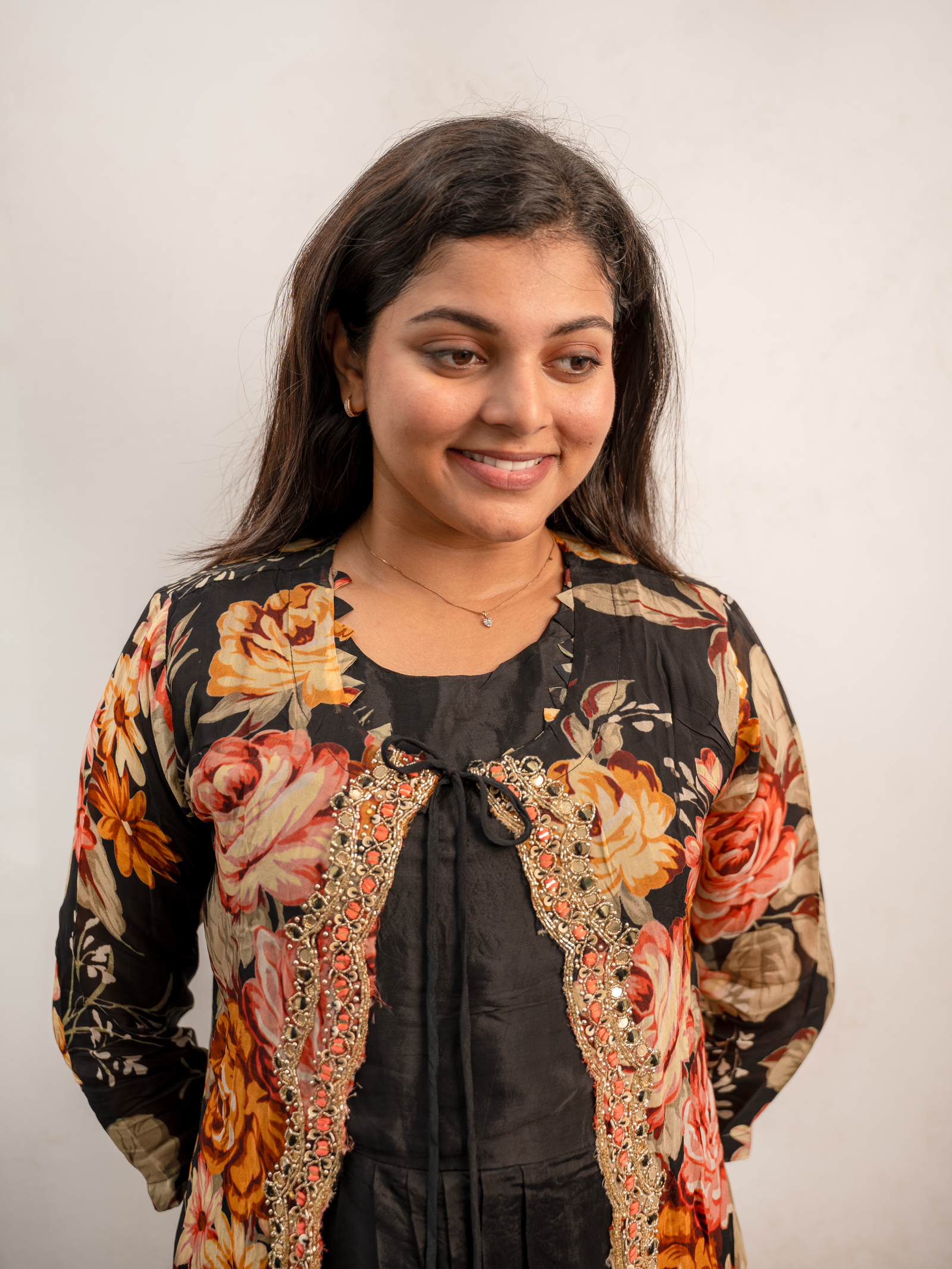 Black Floral Printed Layered Anarkali Dress with Embellished Panel - Image 3