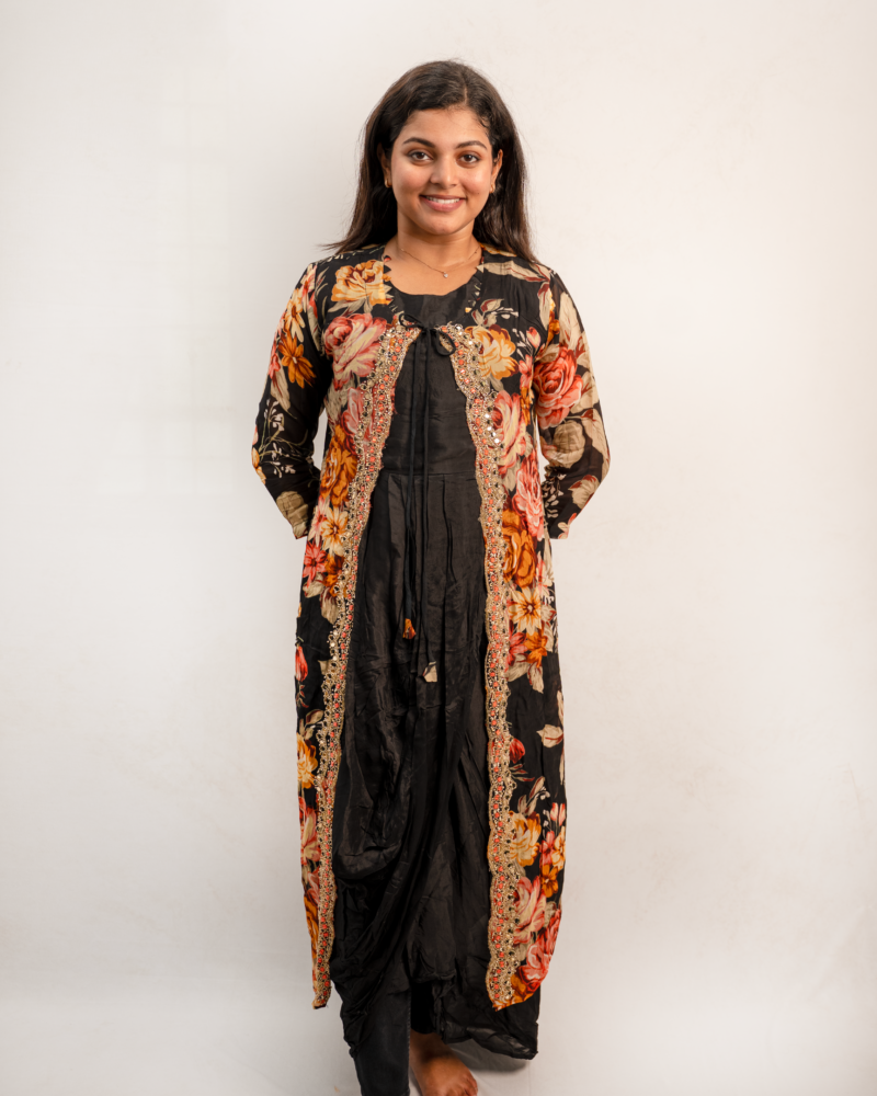 Black Floral Printed Layered Anarkali Dress with Embellished Panel