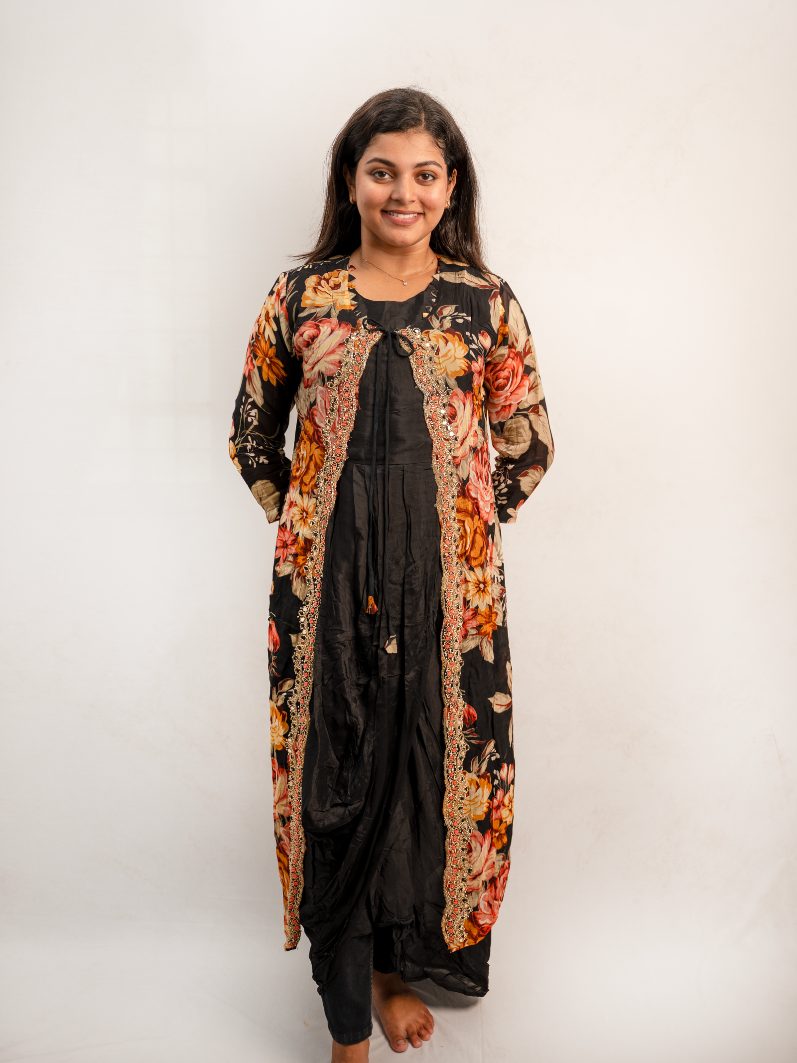 Black Floral Printed Layered Anarkali Dress with Embellished Panel
