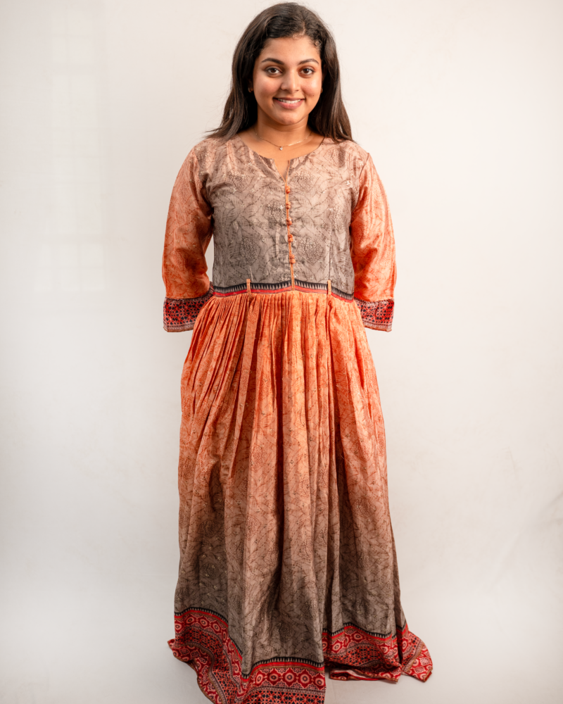 Dual-Tone Printed Anarkali Maxi Dress with Gathered Waist