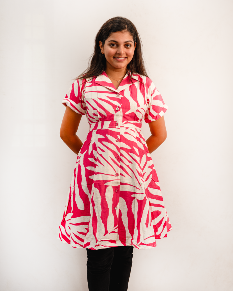 Pink Abstract Print Button-Down A-Line Shirt Dress