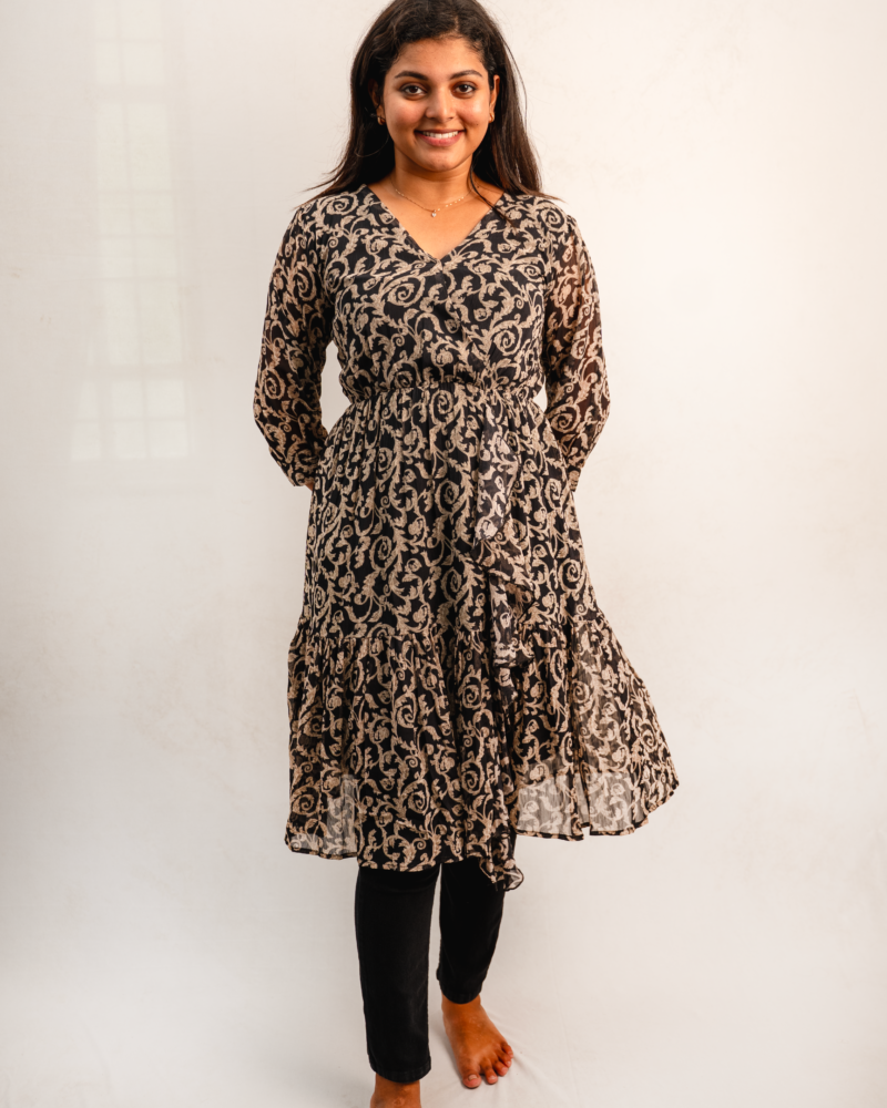 Black Floral Print Tiered A-Line Dress