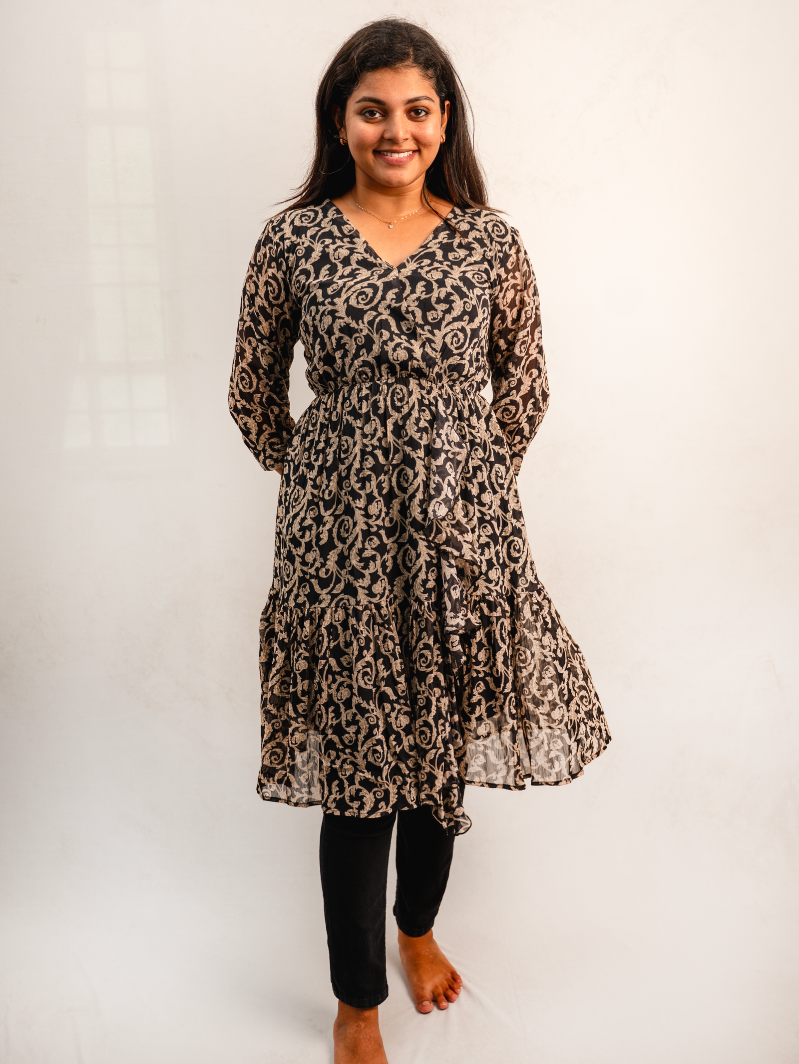 Black Floral Print Tiered A-Line Dress