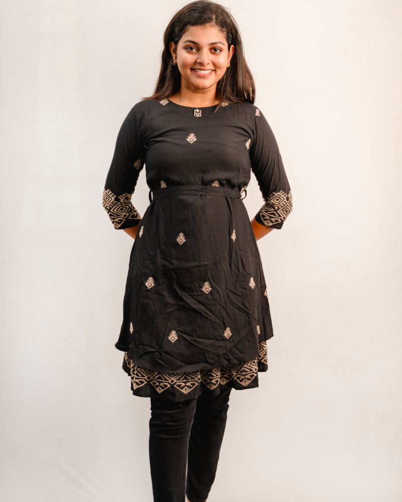 Black Minimal Embroidered A-Line Kurta Dress with Waist Tie