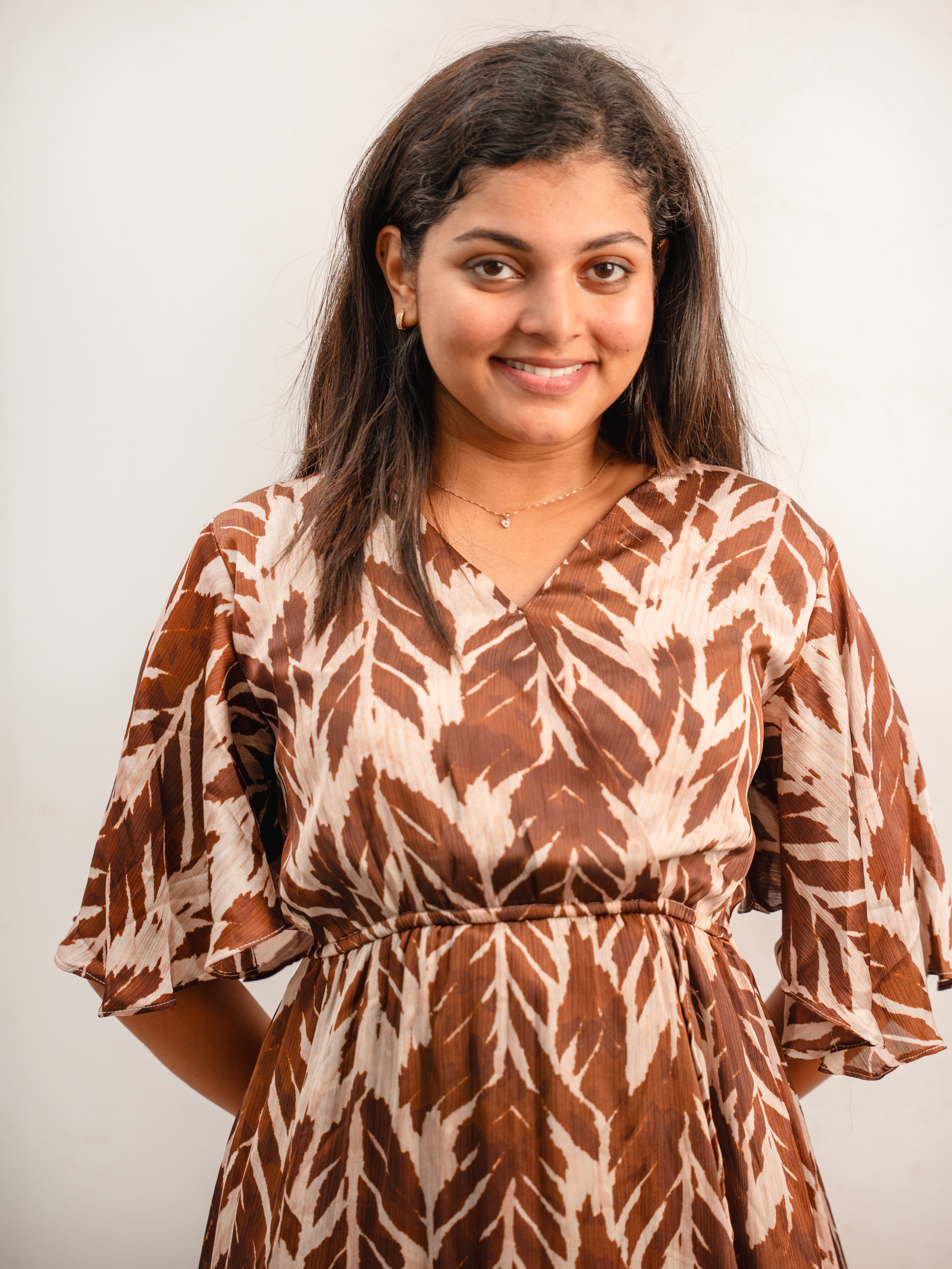 Brown Leaf Print Flared A-Line Dress with Flutter Sleeves - Image 3