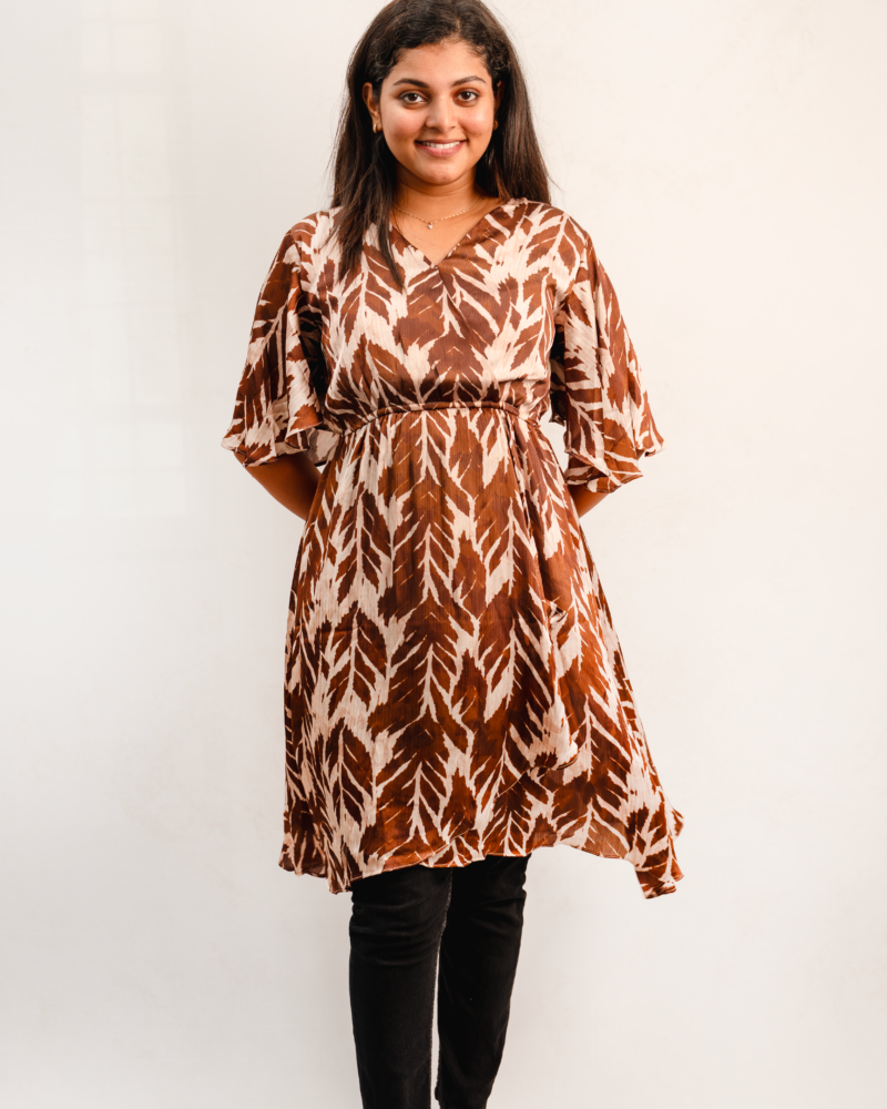 Brown Leaf Print Flared A-Line Dress with Flutter Sleeves