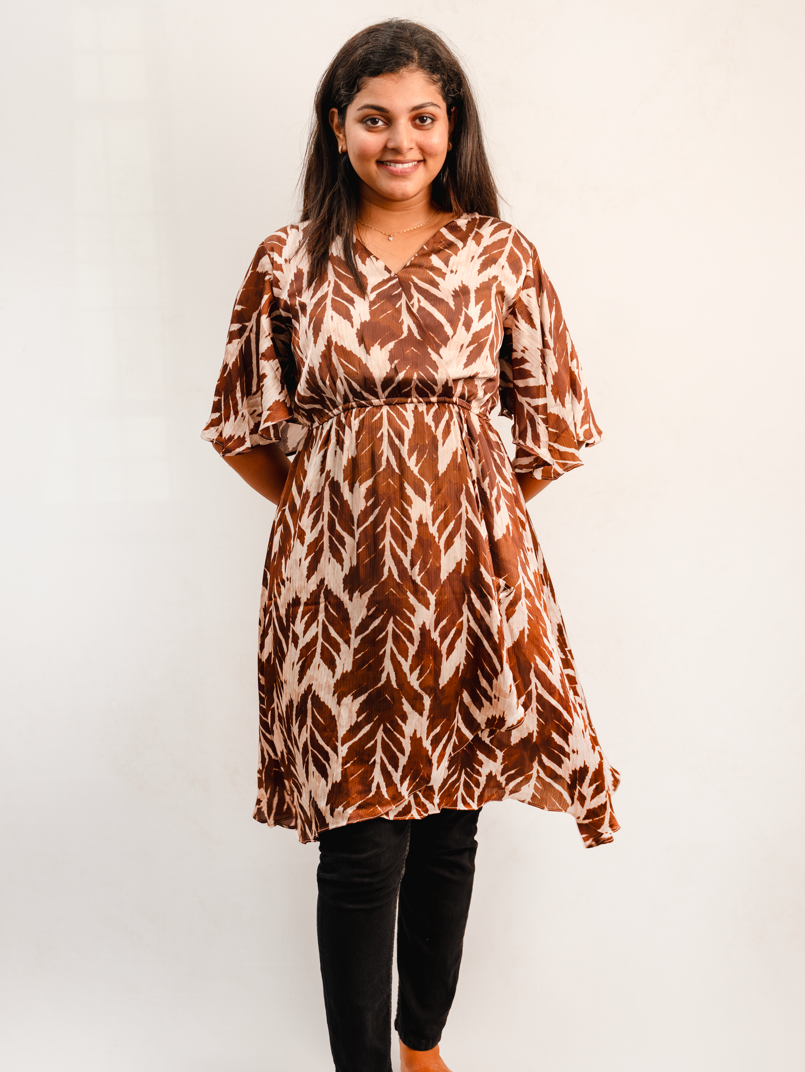 Brown Leaf Print Flared A-Line Dress with Flutter Sleeves