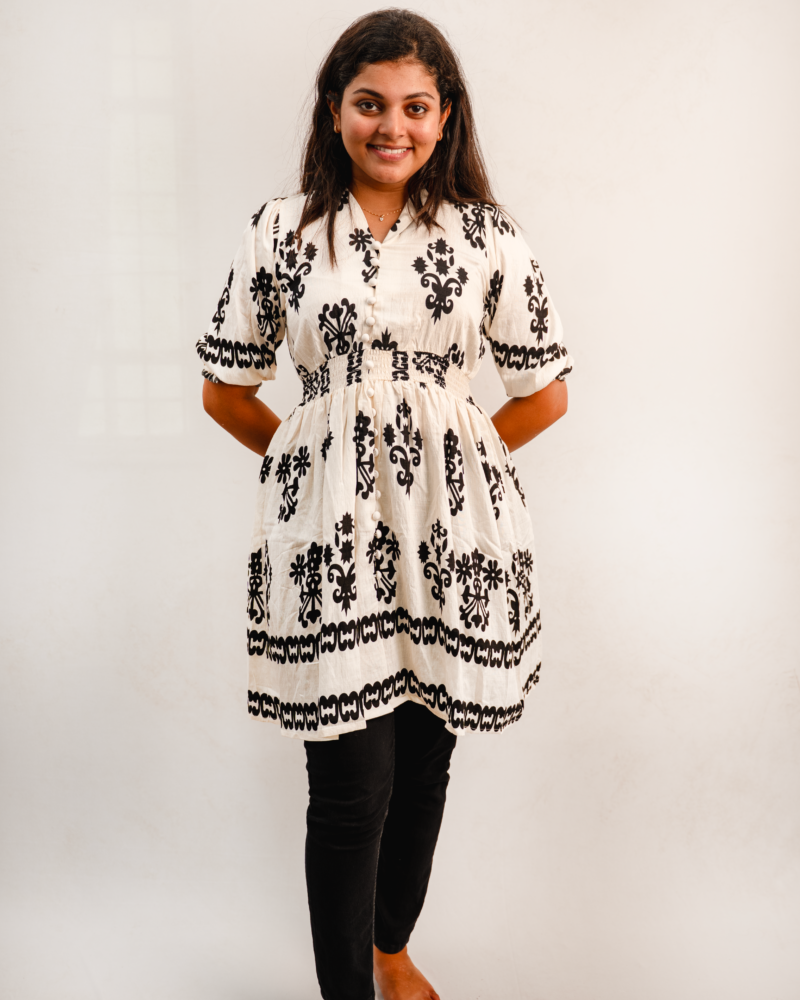 Black & White Printed Smocked Dress