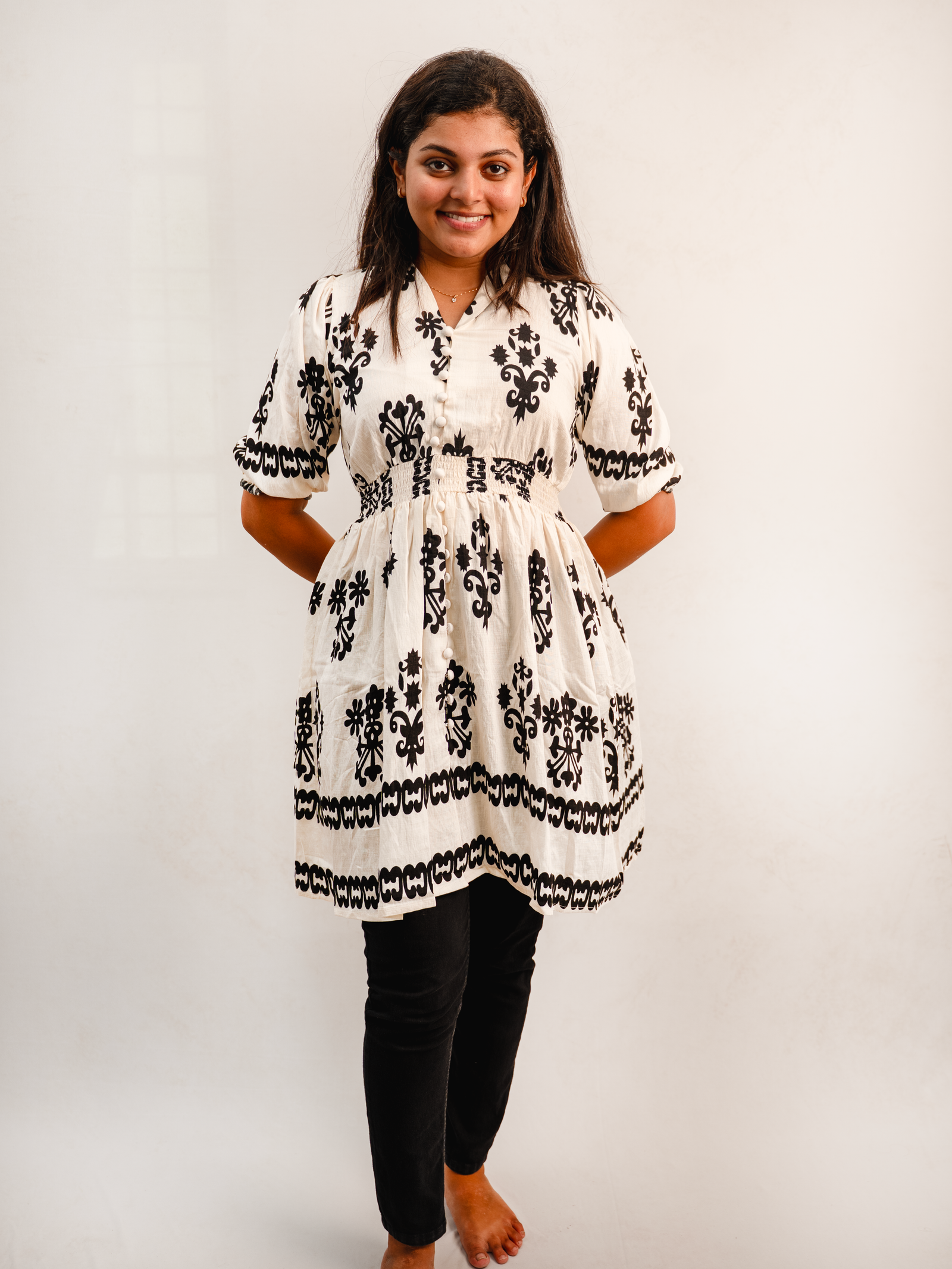 Black & White Printed Smocked Dress