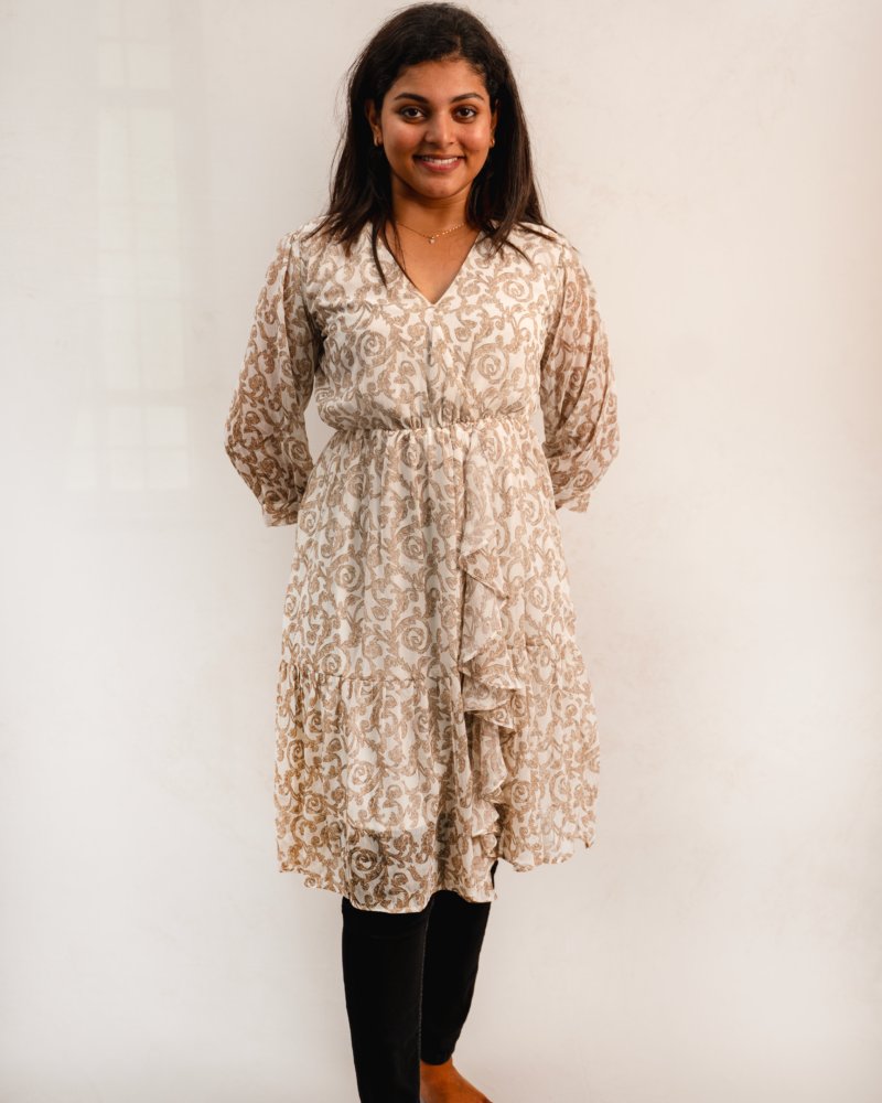 Beige Ornate Printed Tiered Dress