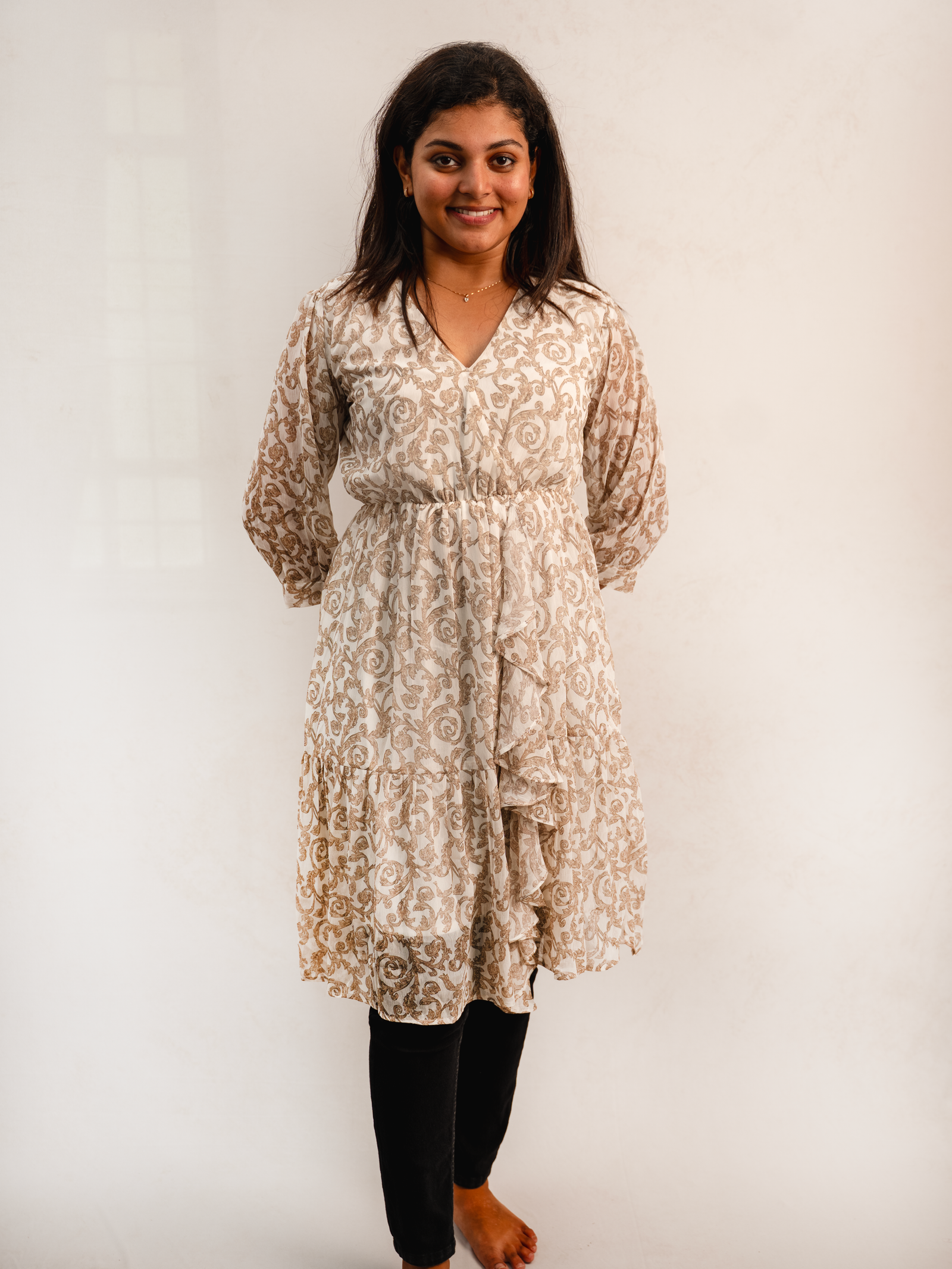Beige Ornate Printed Tiered Dress