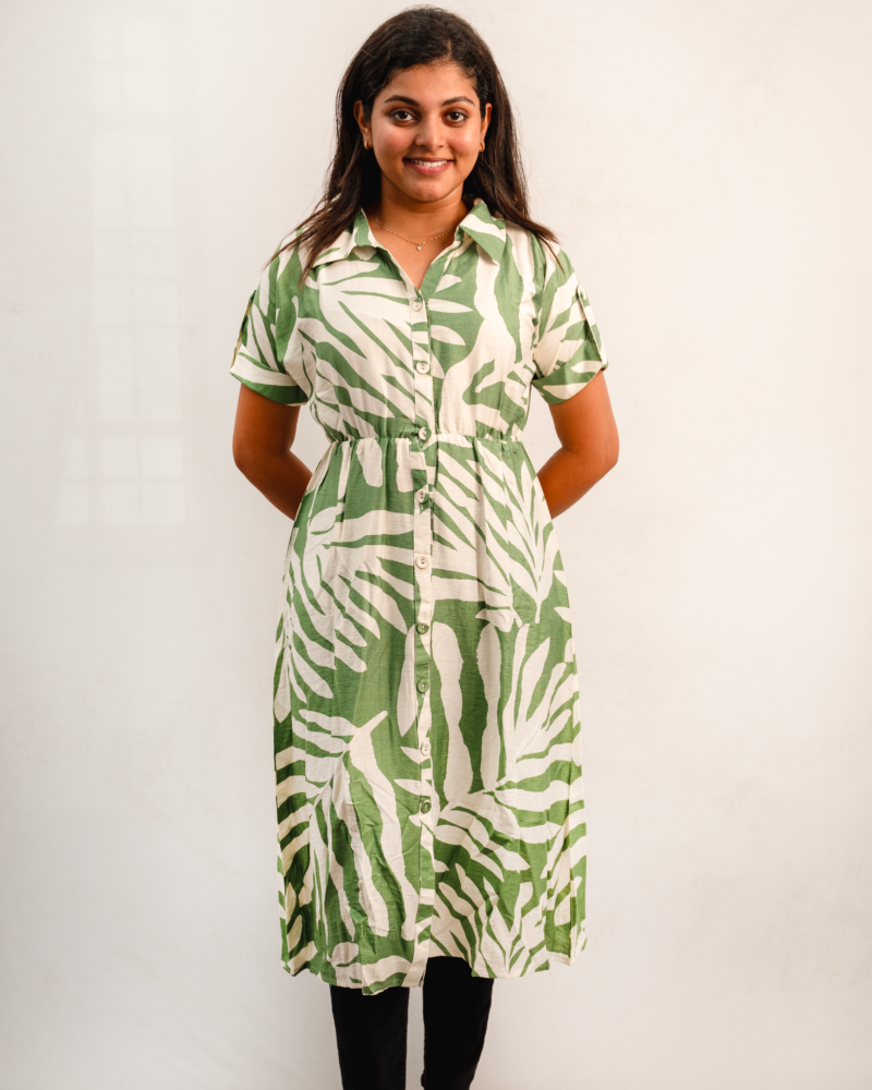 Green Tropical Printed Shirt Dress