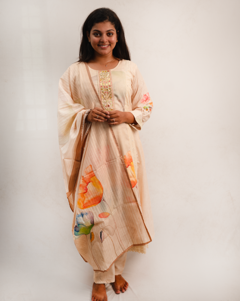 Beige Floral Printed Kurta Set with Embroidered Panel & Dupatta