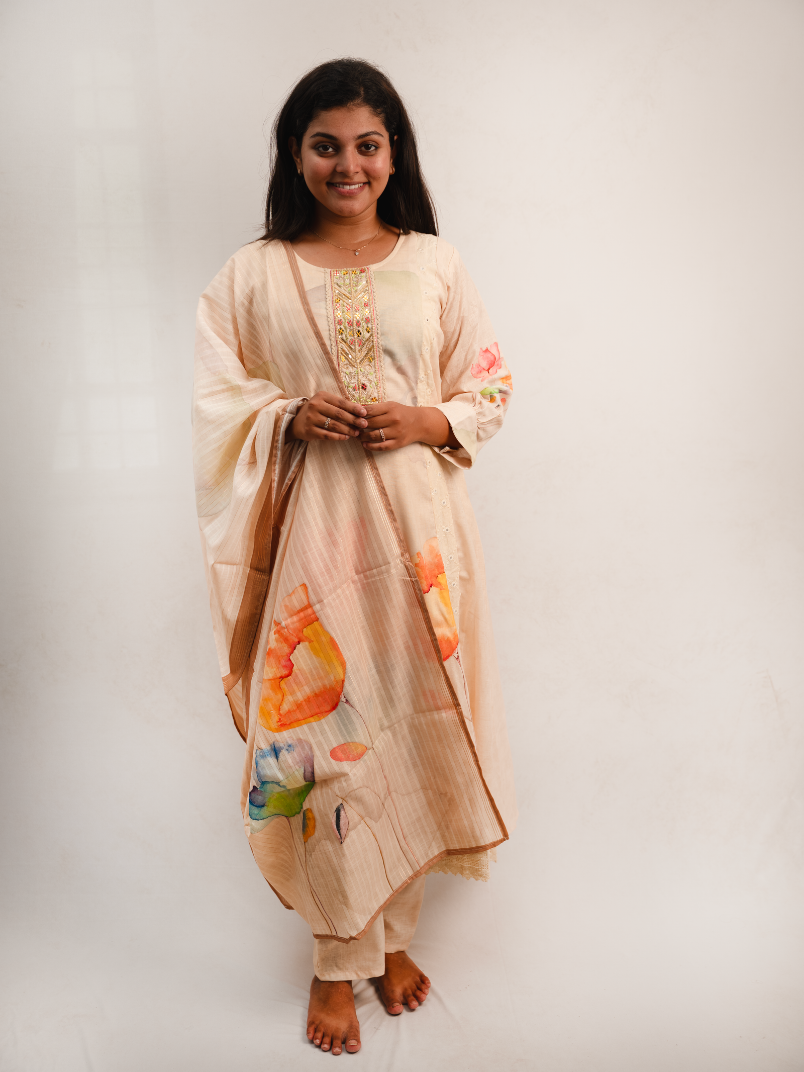 Beige Floral Printed Kurta Set with Embroidered Panel & Dupatta