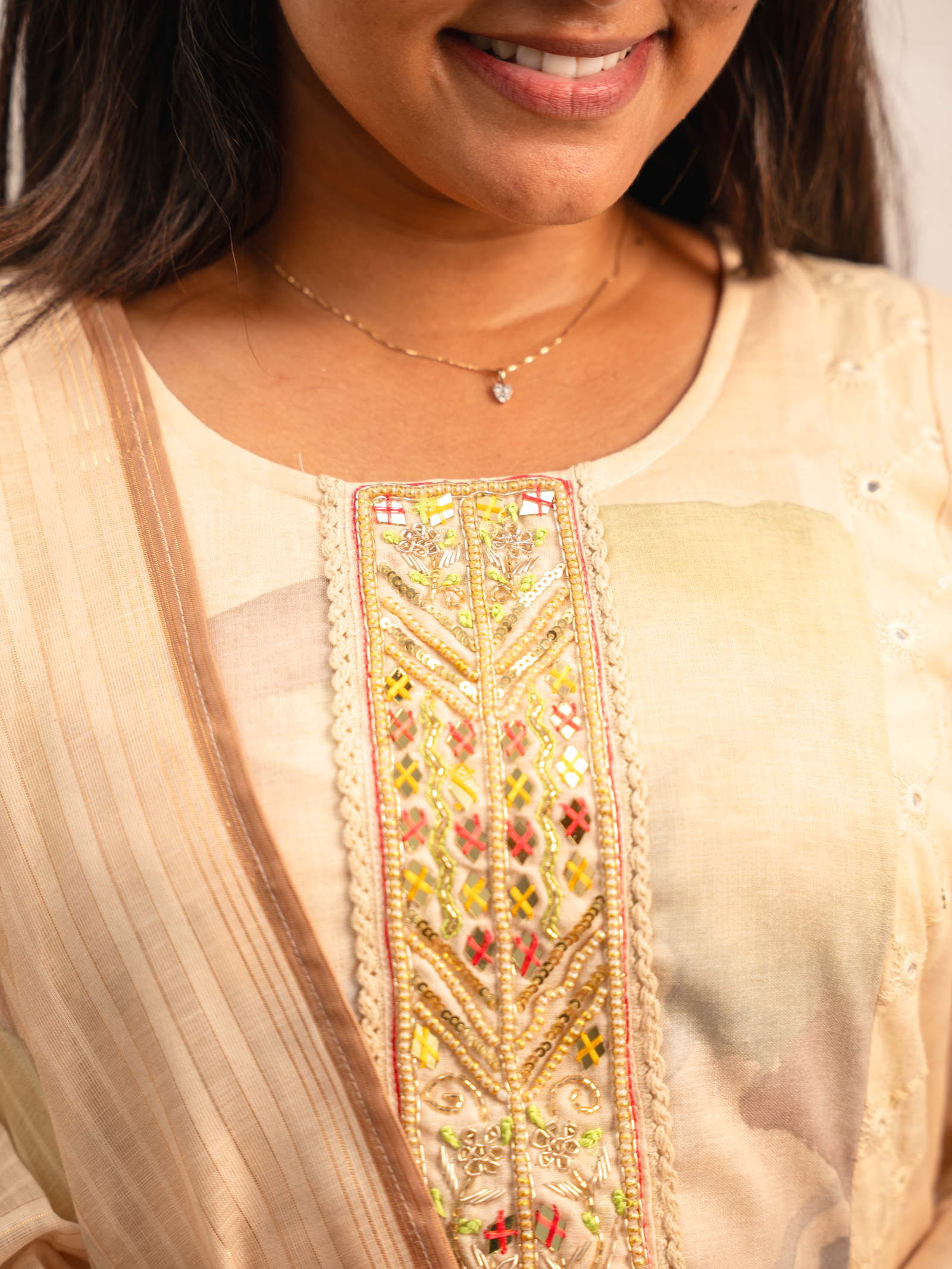 Beige Floral Printed Kurta Set with Embroidered Panel & Dupatta - Image 2
