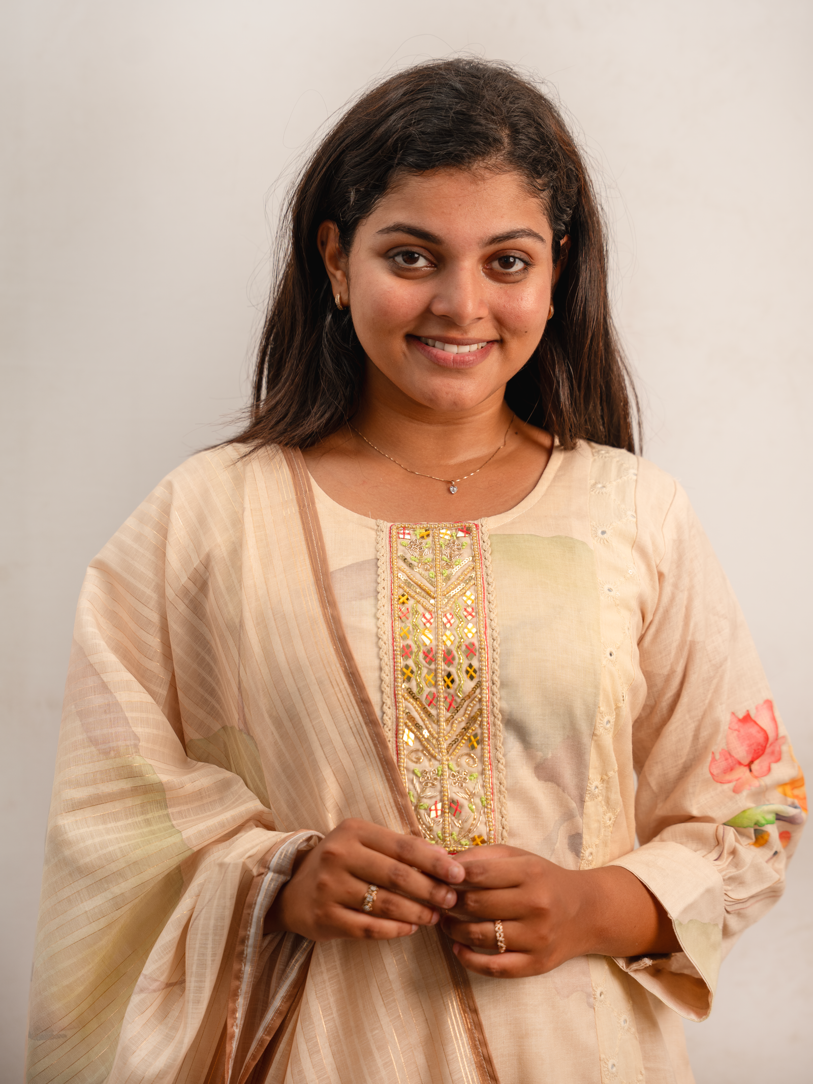 Beige Floral Printed Kurta Set with Embroidered Panel & Dupatta - Image 3
