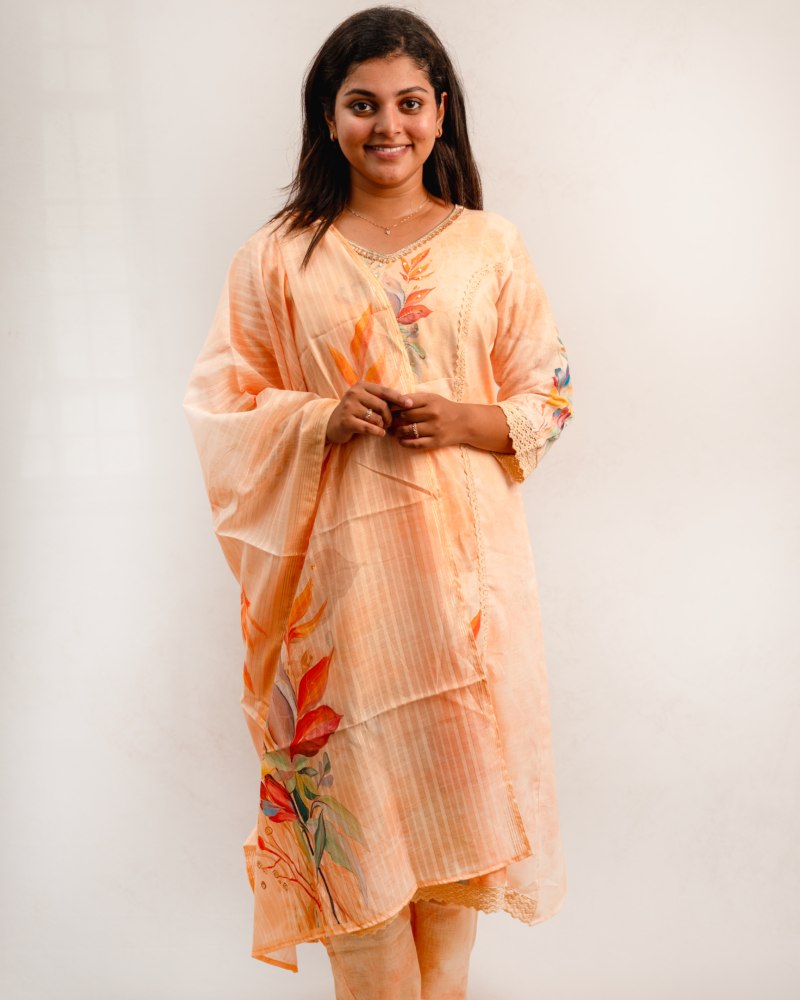 Peach Floral Printed Kurta Set with Dupatta