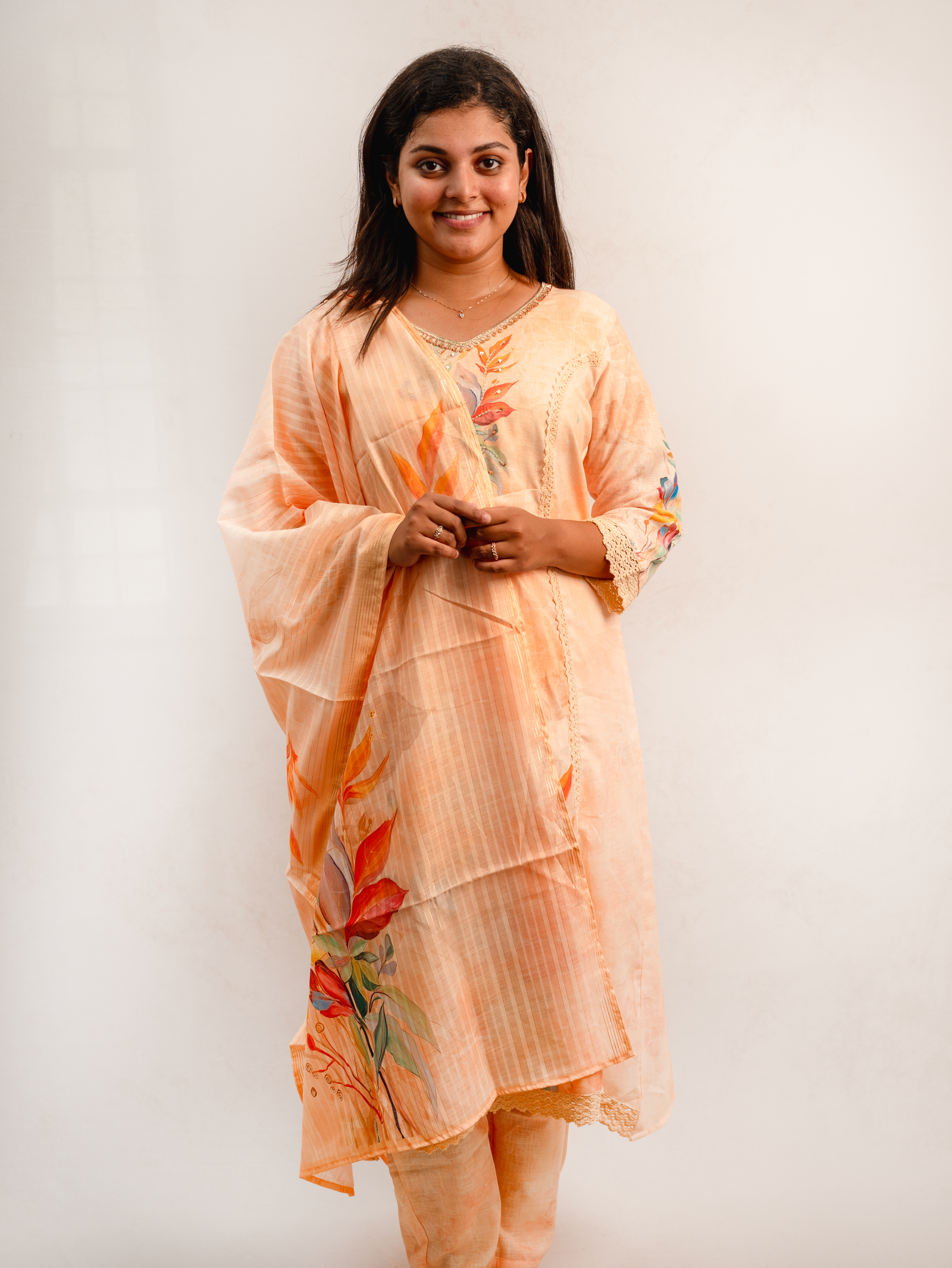 Peach Floral Printed Kurta Set with Dupatta