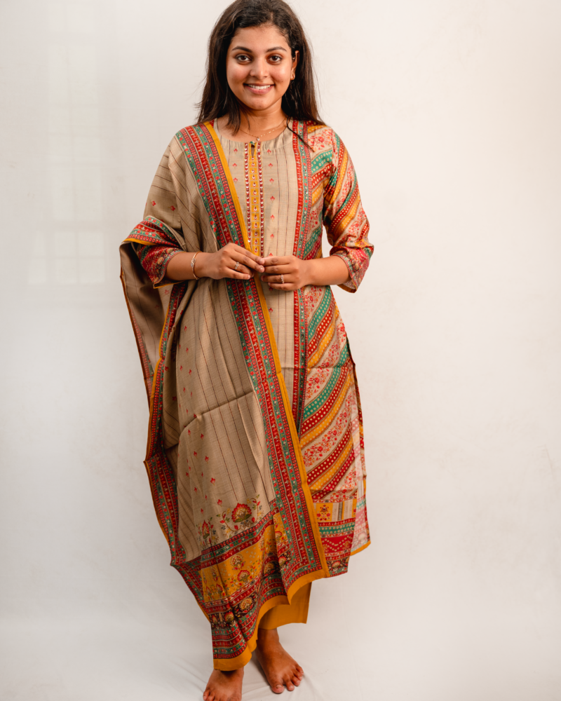 Beige Multi-Print Kurta Set with Dupatta