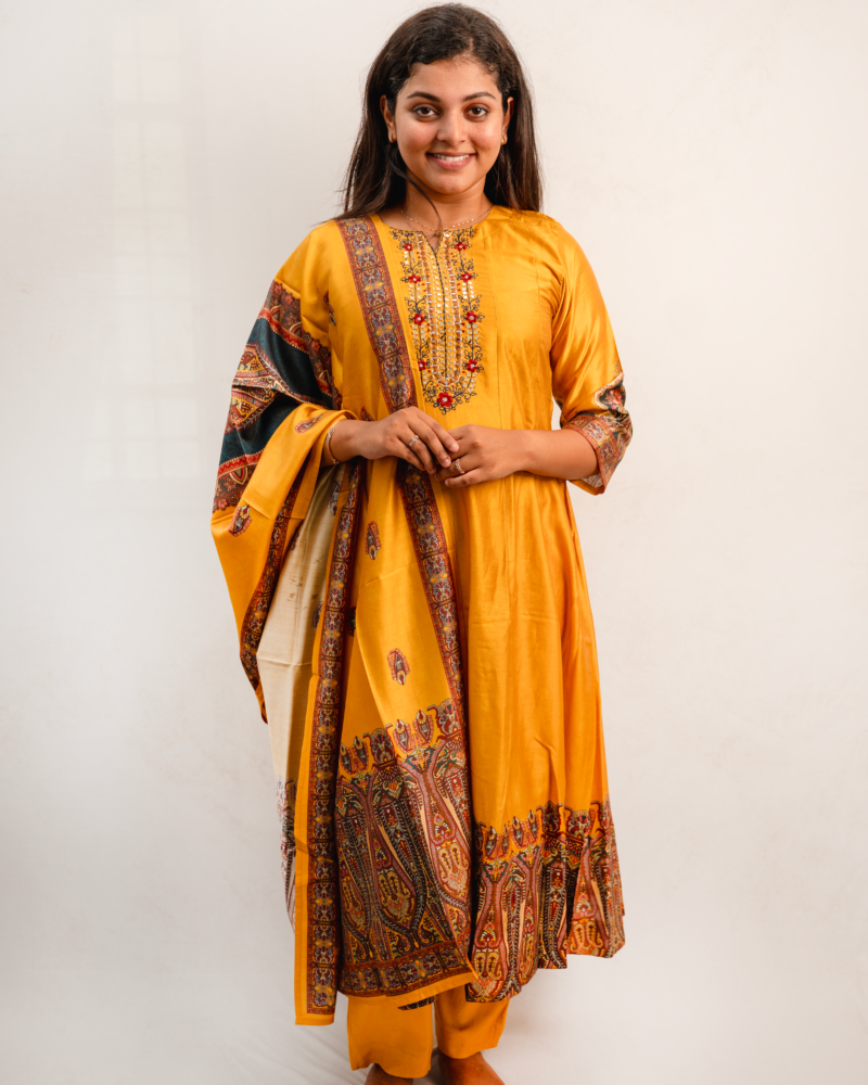 Mustard Yellow Printed Kurta Set with Embroidered Yoke & Dupatta
