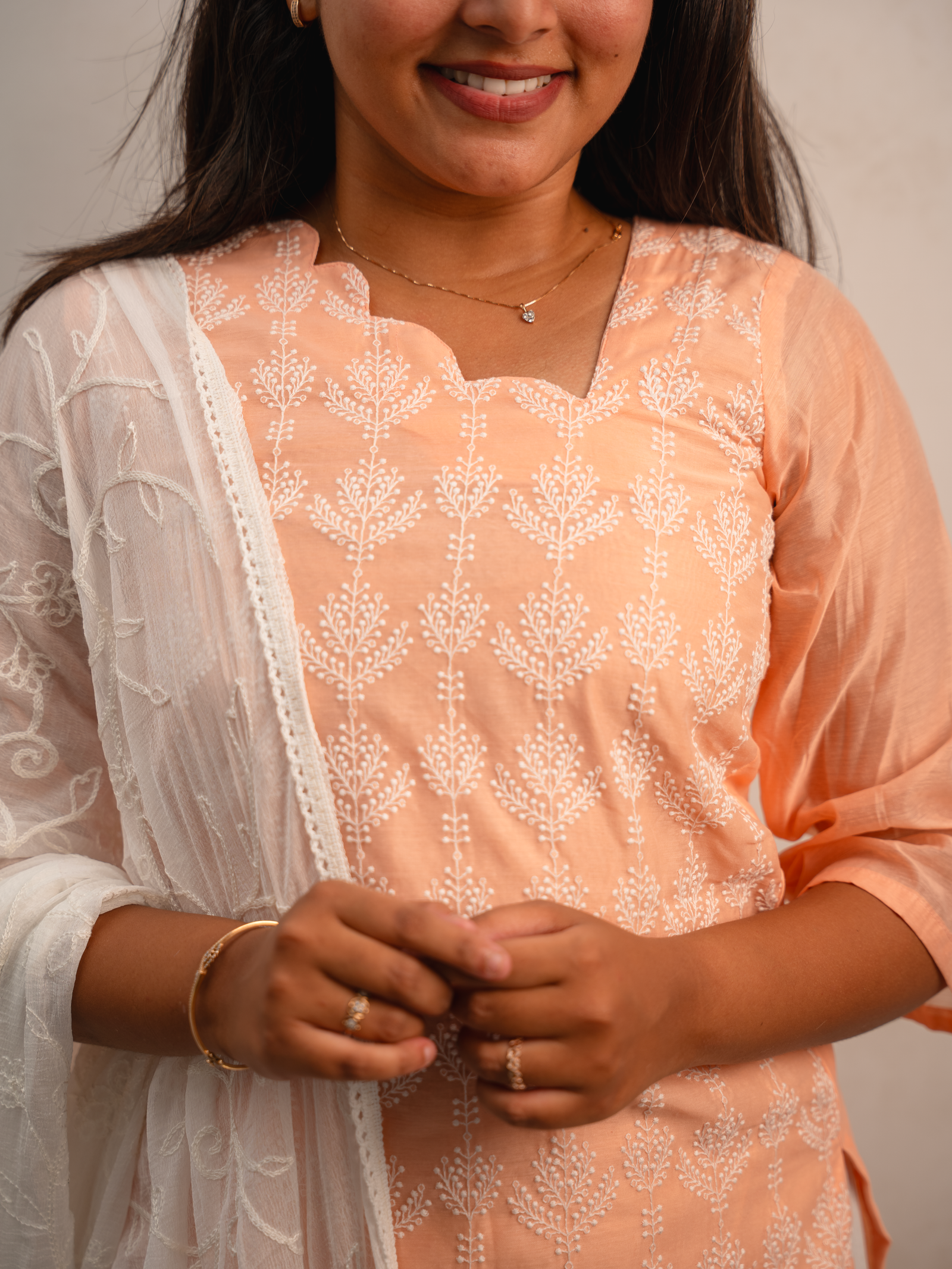 Peach Printed Kurta Set with Embroidered Dupatta - Image 3