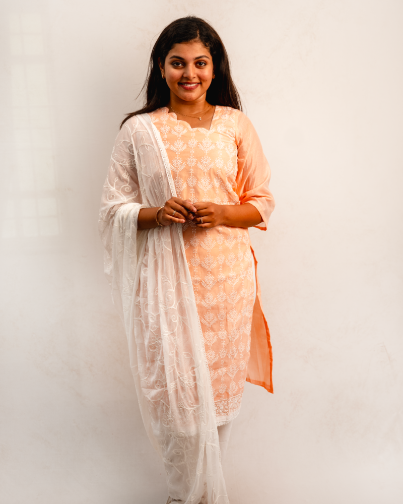 Peach Printed Kurta Set with Embroidered Dupatta