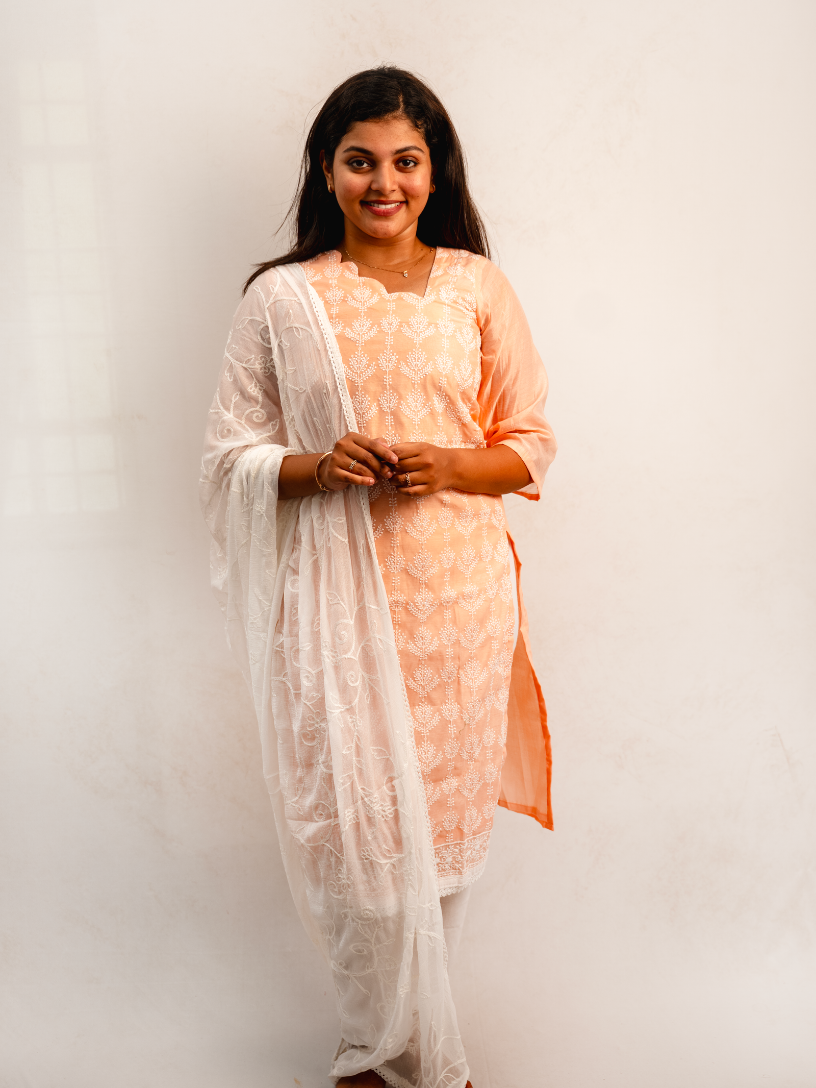 Peach Printed Kurta Set with Embroidered Dupatta