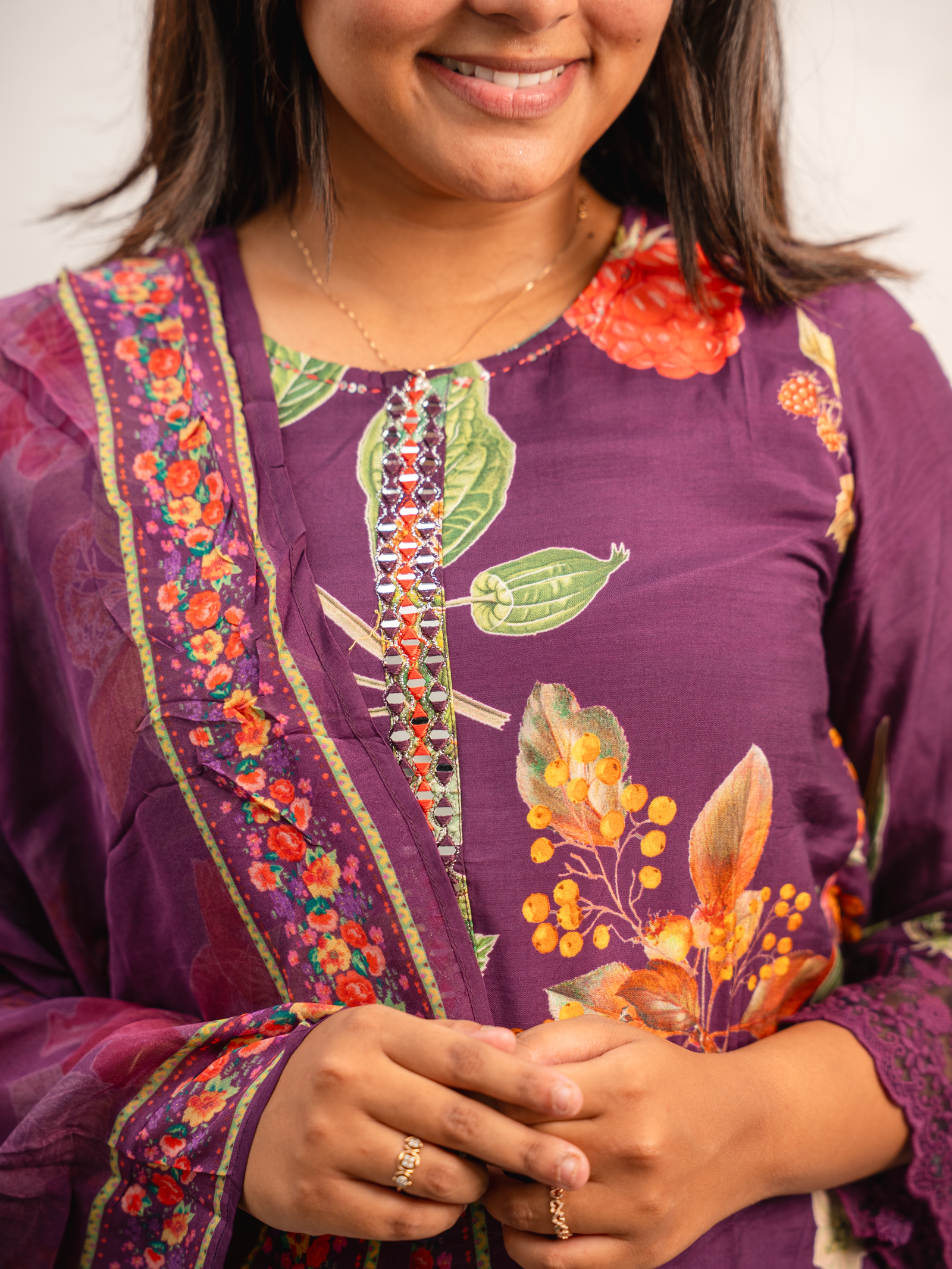 Deep Plum Floral Printed Kurta Set with Dupatta - Image 3