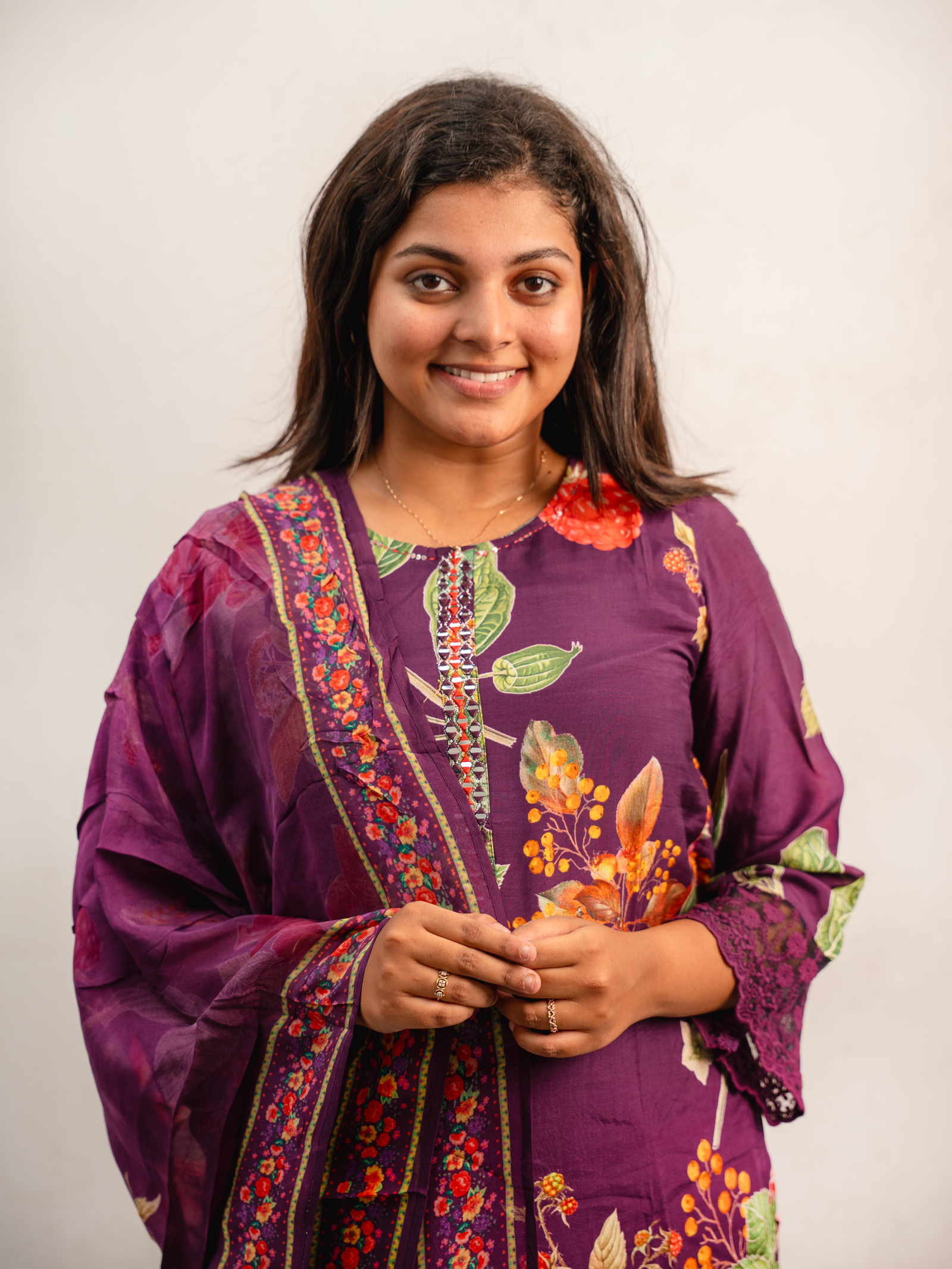 Deep Plum Floral Printed Kurta Set with Dupatta - Image 2