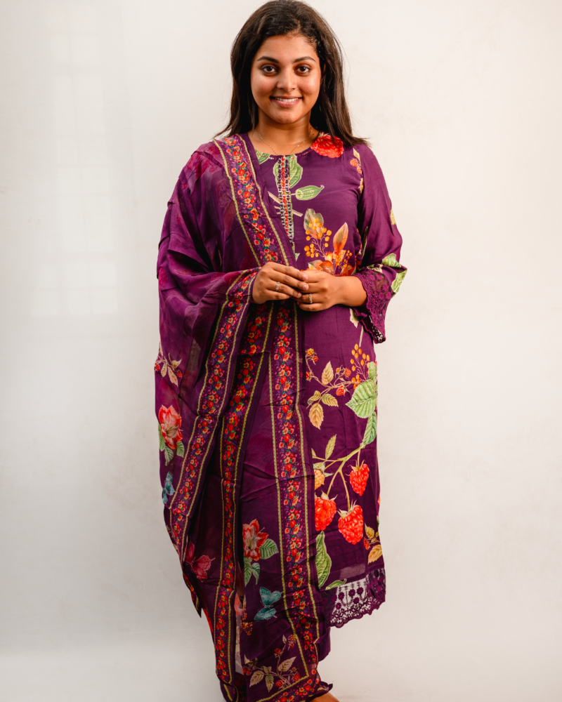 Deep Plum Floral Printed Kurta Set with Dupatta