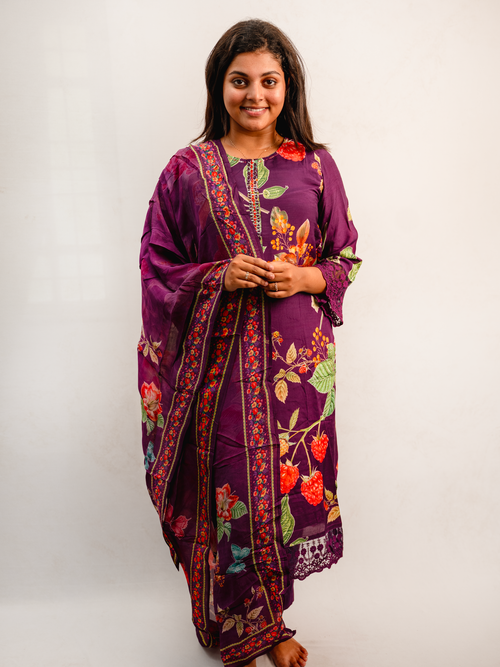 Deep Plum Floral Printed Kurta Set with Dupatta