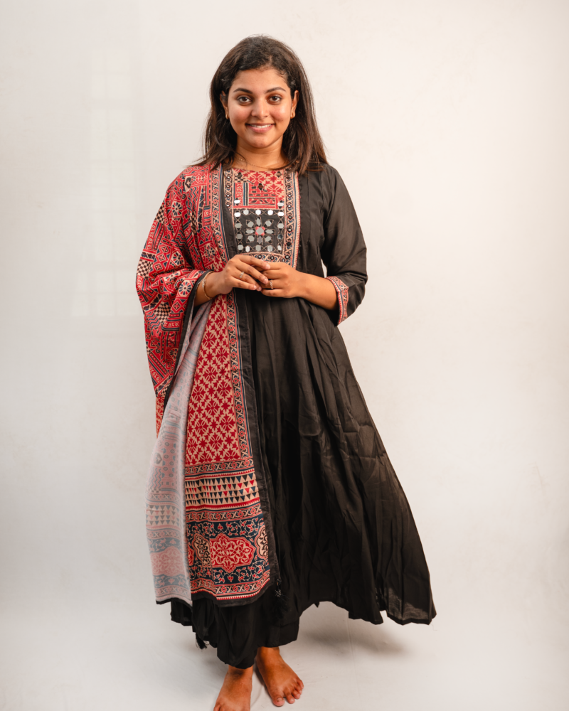 Black Printed Kurta Set with Ethnic Panel & Dupatta