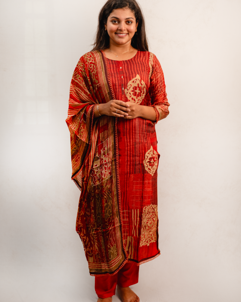 Rust Red Indo-Western Printed Kurta Set with Dupatta