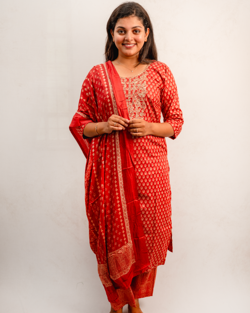 Red Printed Kurta Set with Dupatta